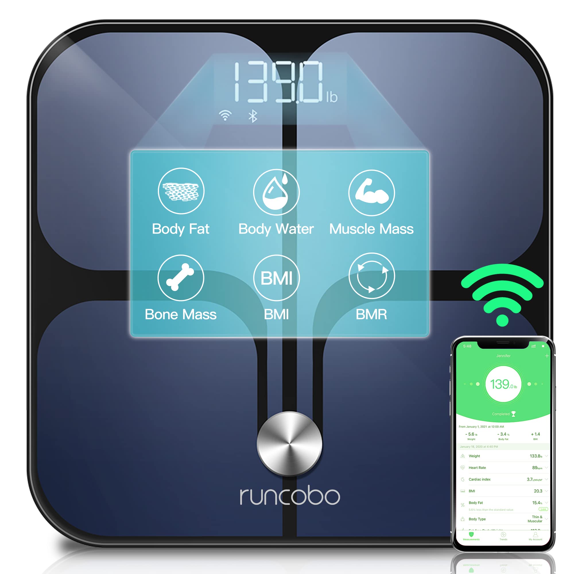 Digital Scale, Runcobo Wi-Fi Bluetooth Auto, Switch Smart Scale Digital  Weight, Premium Body Fat Scale for Weight, 14 Body Composition Monitor,  Support Multiple Users, Auto-Recognition Black