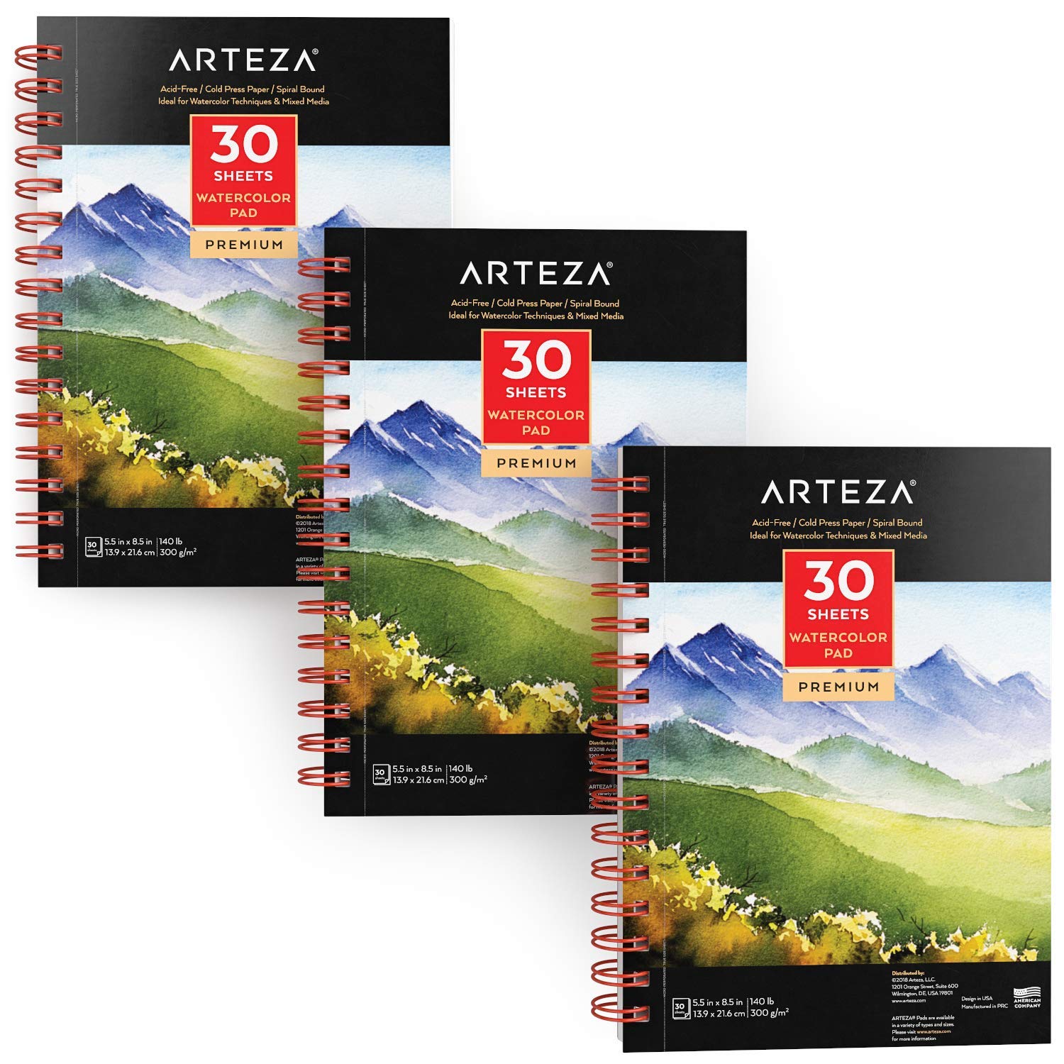 Arteza Premium Watercolour Paper Pad, 3 Pack, 90 Sheets, 13.9 x 21.6 cm,  Spiral Bound, 300gsm Watercolour Paper, Cold-Pressed, Acid-Free, Art  Supplies for Watercolour Techniques and Mixed Media Watercolor Pad5.5X8.5 3  Pack