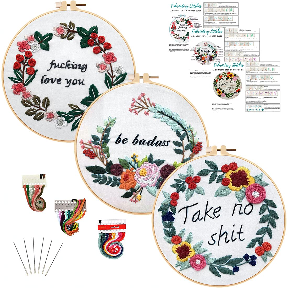 Louise Maelys Embroidery Starter Kit with 3 Embroidery Hoops for Adults  Funny Floral Wreath Pattern for