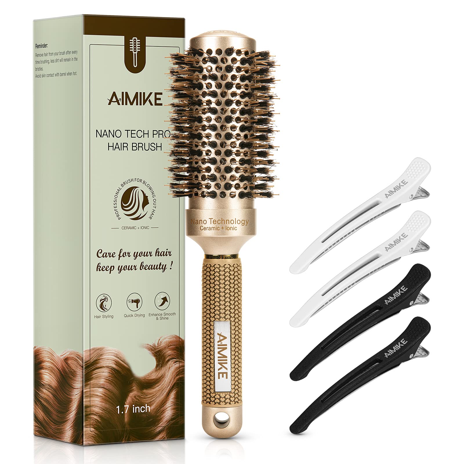 AIMIKE Round Brush for Women, Nano Thermal Ceramic and Ionic Tech Hair  Brush, Medium Round Brush with Boar Bristles for Blow Drying, Styling,  Curling, Increase Hair Shine (Barrel '') + 4 Hair Clips  Inch