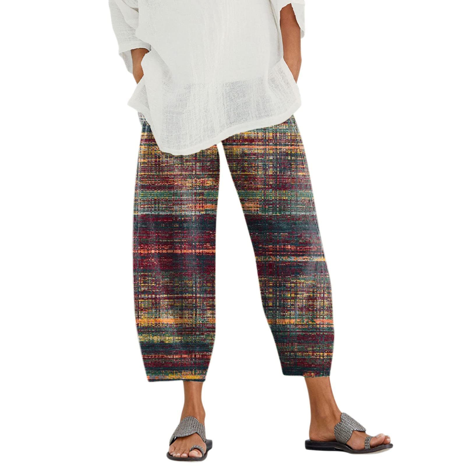 Women's Summer Capri Pants - Cotton Linen Blend Straight Leg Cropped Pants With Elastic Waist - Beach & Casual Wear