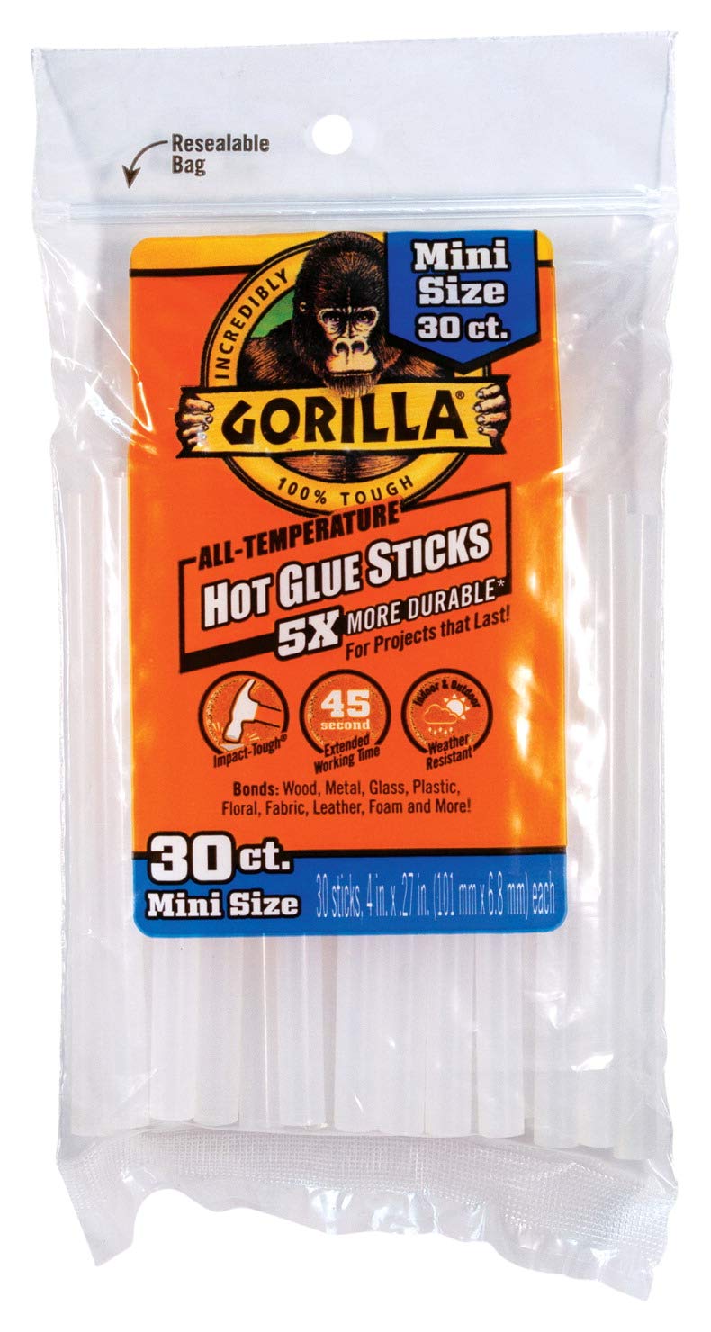 Gorilla Hot Glue Sticks, Mini Size, 4 Long x .27 Diameter, 30 Count,  Clear, (Pack of 1) 1 Pack Clear