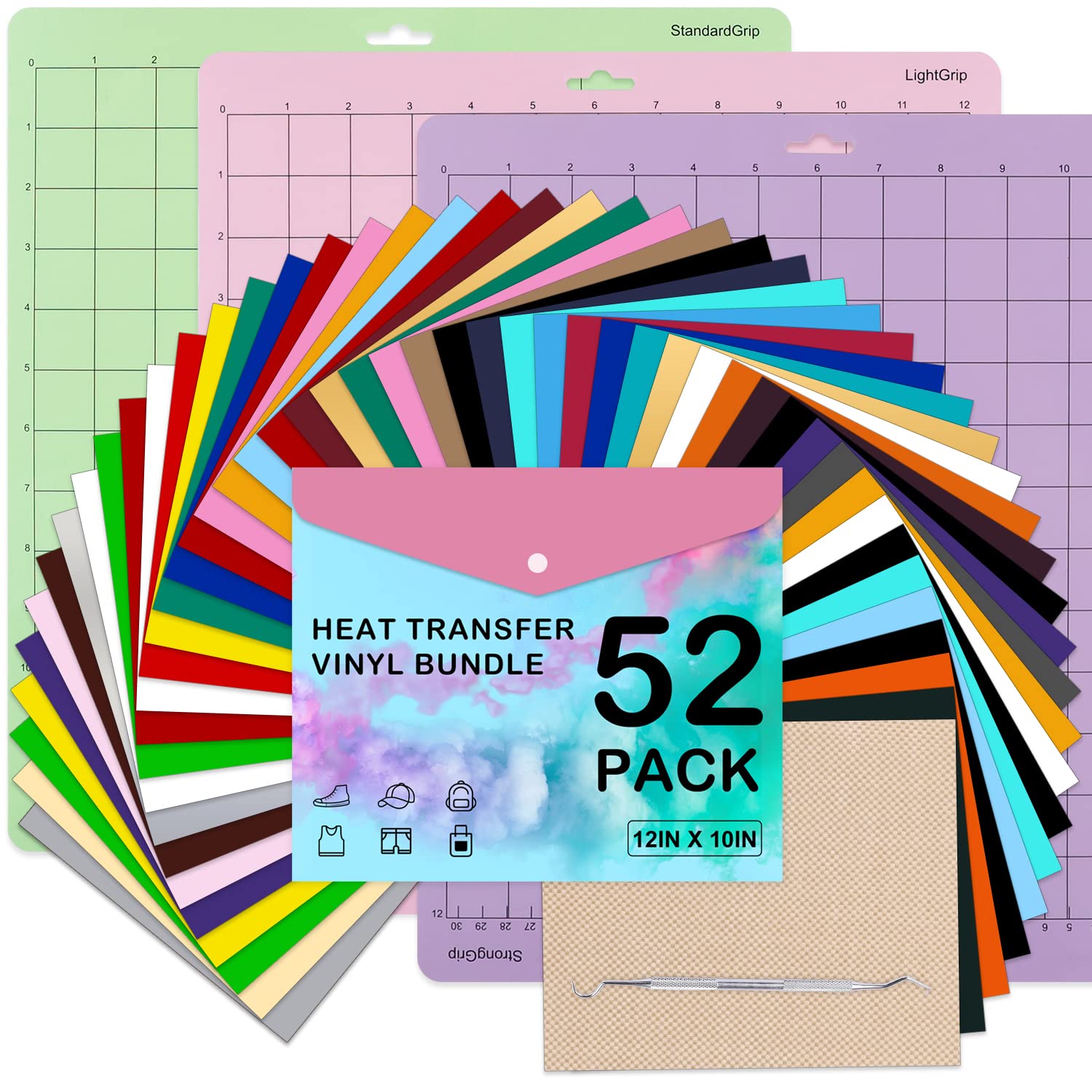 FURWEY HTV Heat Transfer Vinyl Bundle: 52 Pack 12 x 10 Iron on Vinyl for  T-Shirt, 30 Assorted Colors with HTV Accessories Tweezers, HTV Vinyl Sheets  52pack