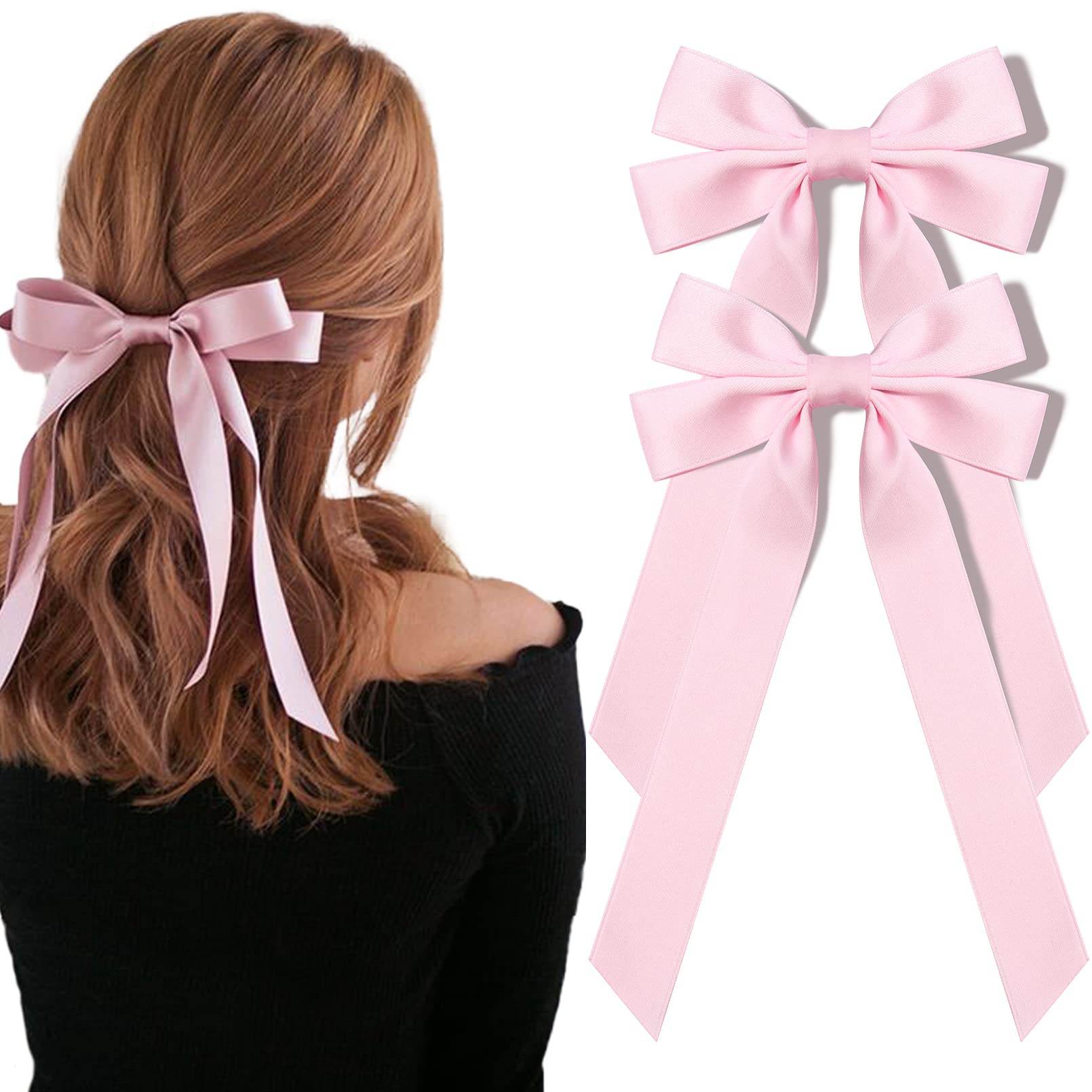 2PCS Silky Satin Hair Bows Pink Hair Ribbon Clips for women Ponytail Holder  Hair Accessories Alligator Clips Hair Bow for Women Girls Toddlers Teens  Kids