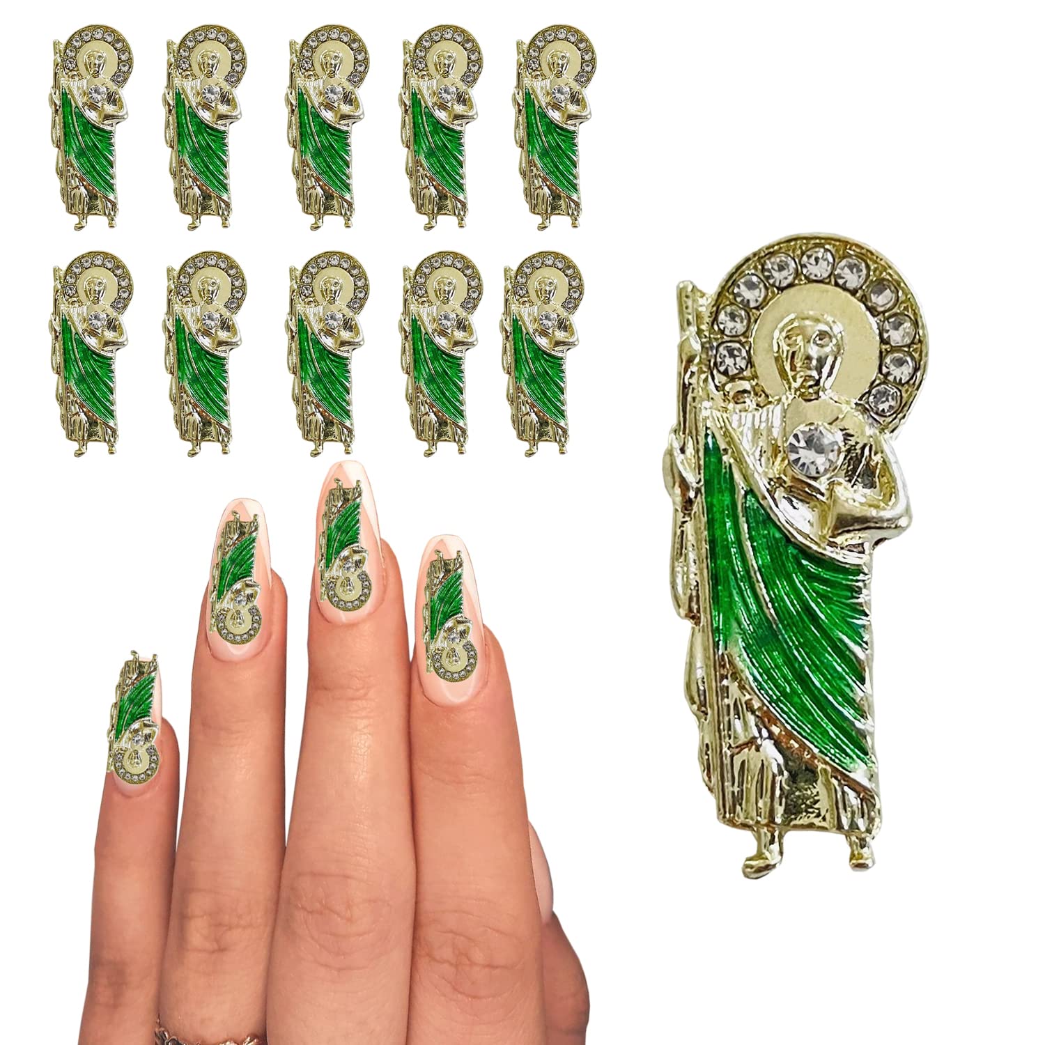 San Judas Nail Charm Decoration,10PCS San Judas Tadeo 3D Nail Diamonds Art  Charms,Nail Gold Charms for Acrylic Nails Rhinestones,Nail Gems and Crystals  Jewels,Nail Stones Design Green