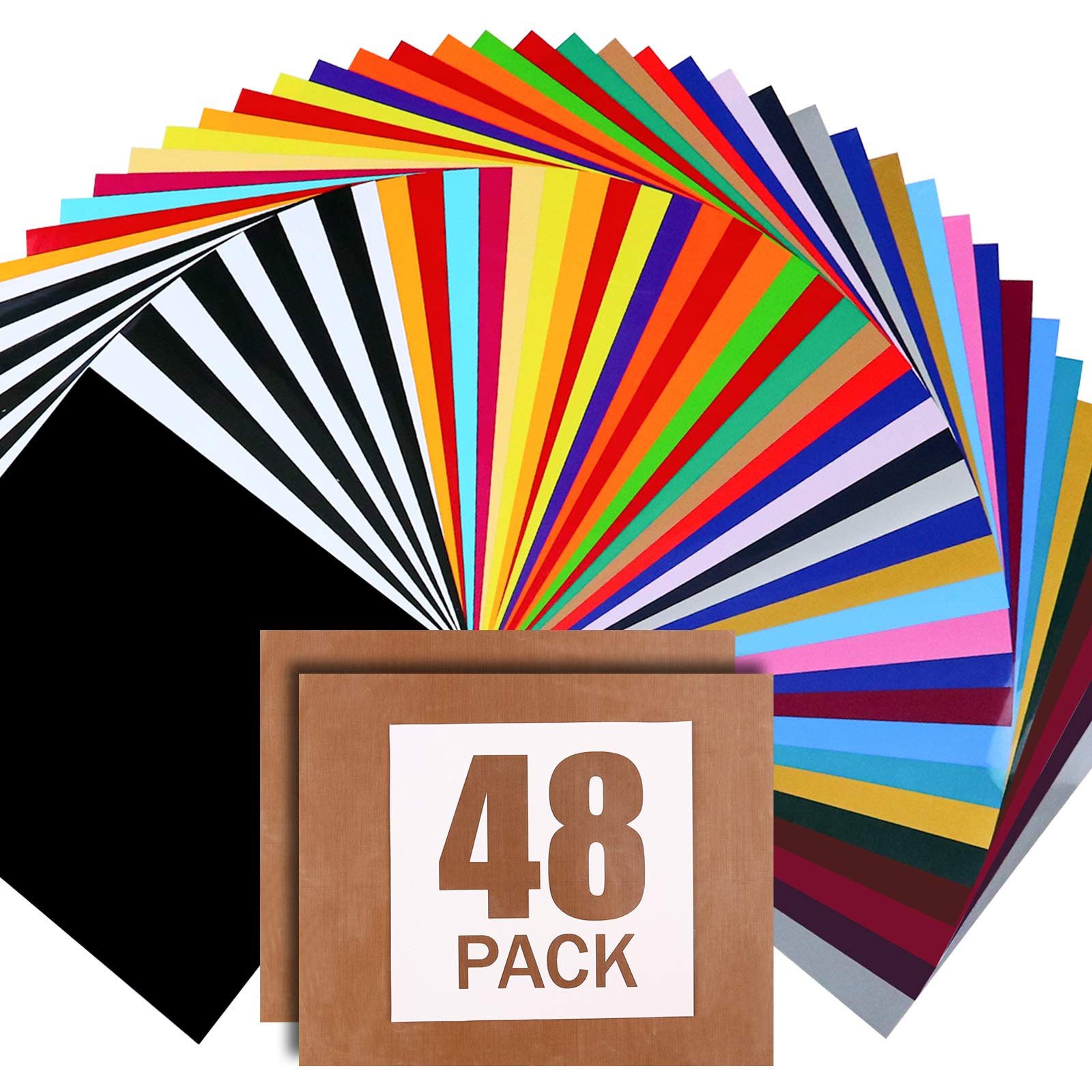 ARHIKY Heat Transfer Vinyl for T-shirts 12x10 48 Sheets Iron on Vinyl HTV Bundle,2 Teflon Sheet,30 Assorted Colors Vinyl