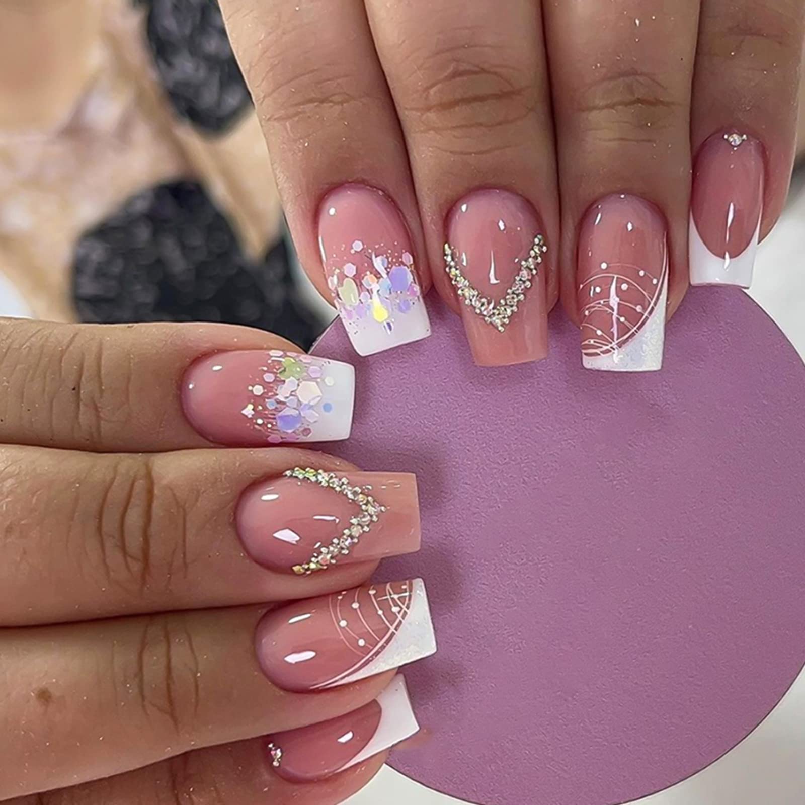 Luxury Pink Square Press On Nails With Rhinestone Design Short French 