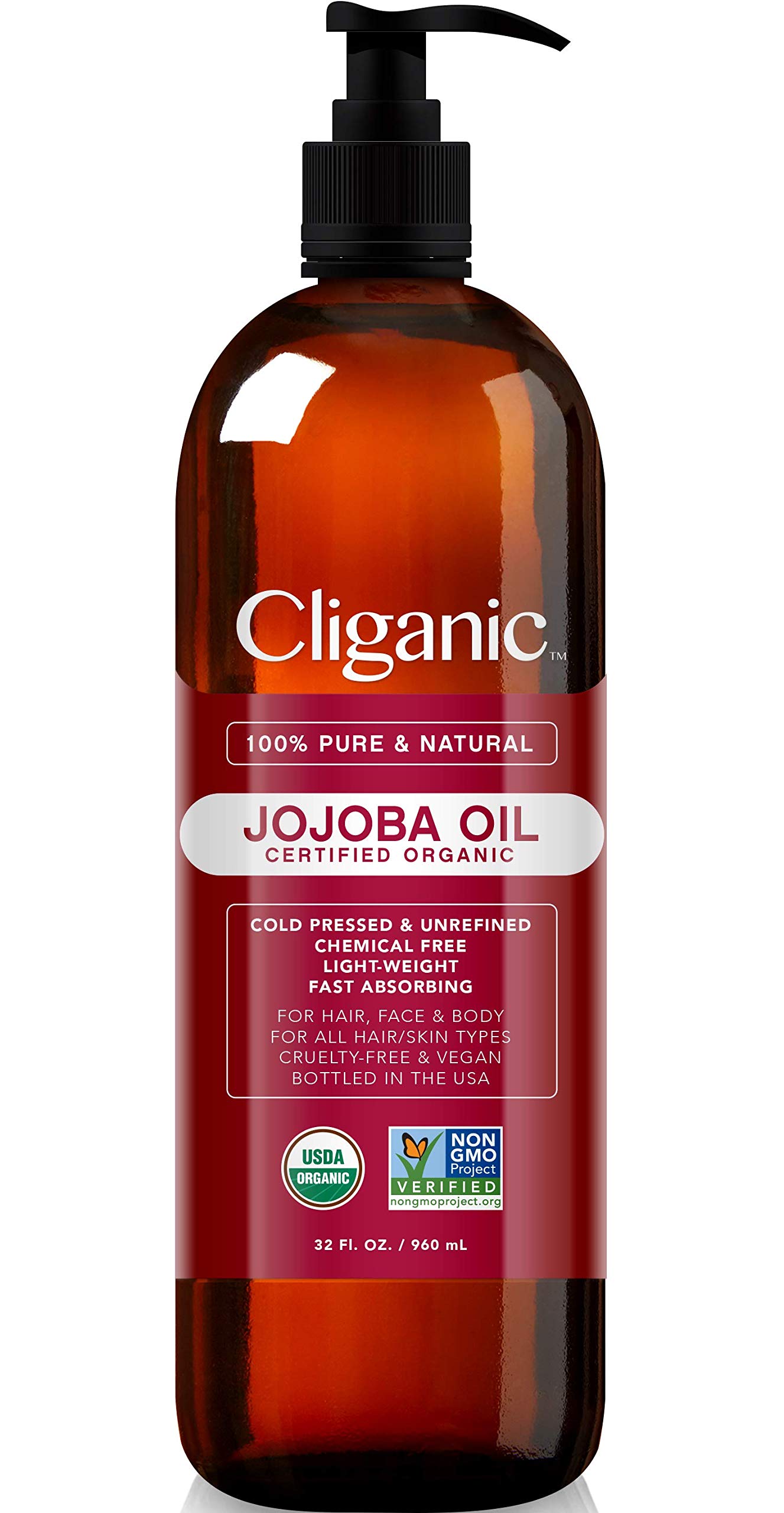 Cliganic Organic Jojoba Oil 32 oz 100% Pure  Bulk Natural Cold Pressed  Unrefined Hexane