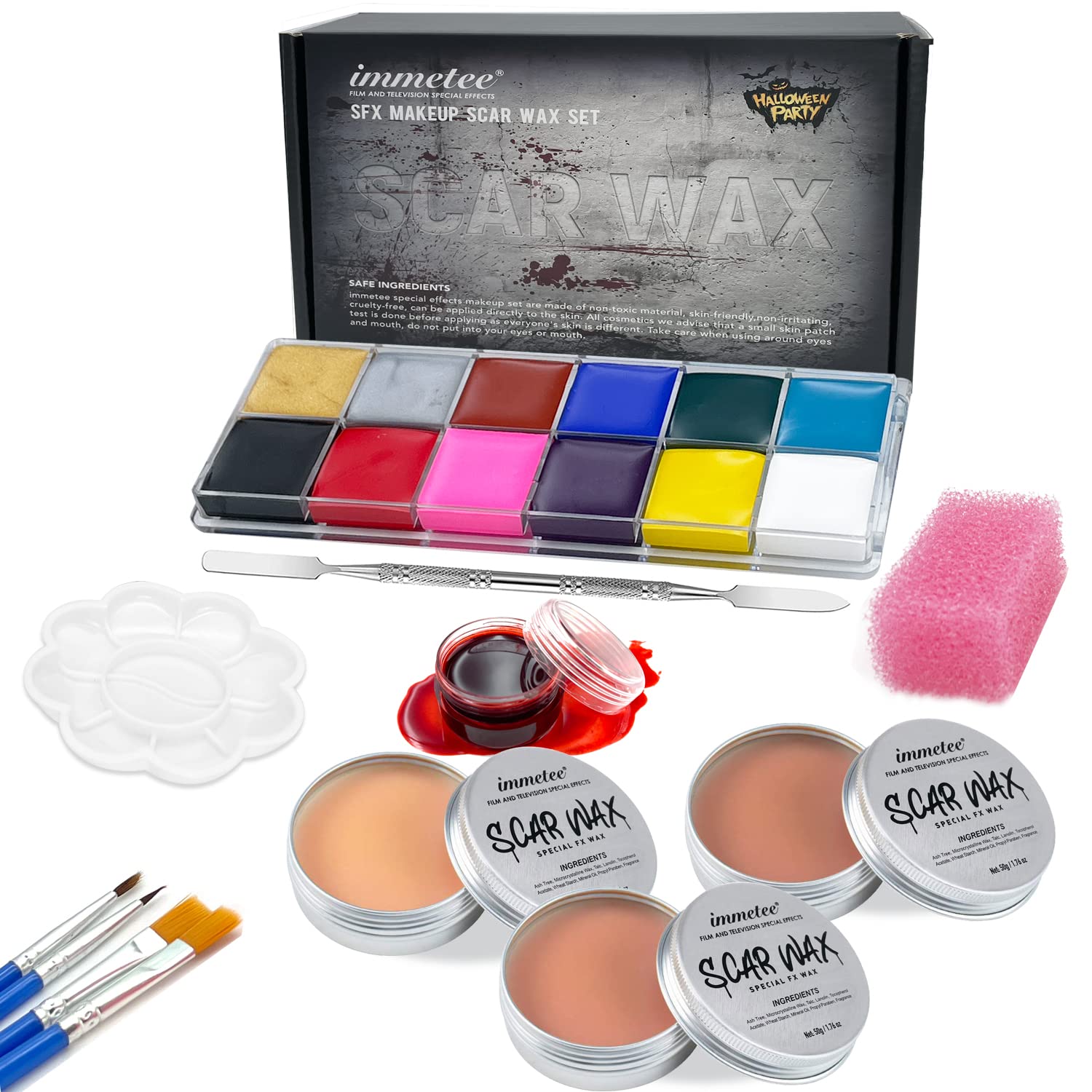 immetee Scar Wax SFX Makeup Kit, Face & Body Paint, Christmas Halloween Makeup  Kit, Fake Blood, Painting Brushes, Spatula, Stipple Sponge, Stage  Theatrical Party Cosplay, Carnival