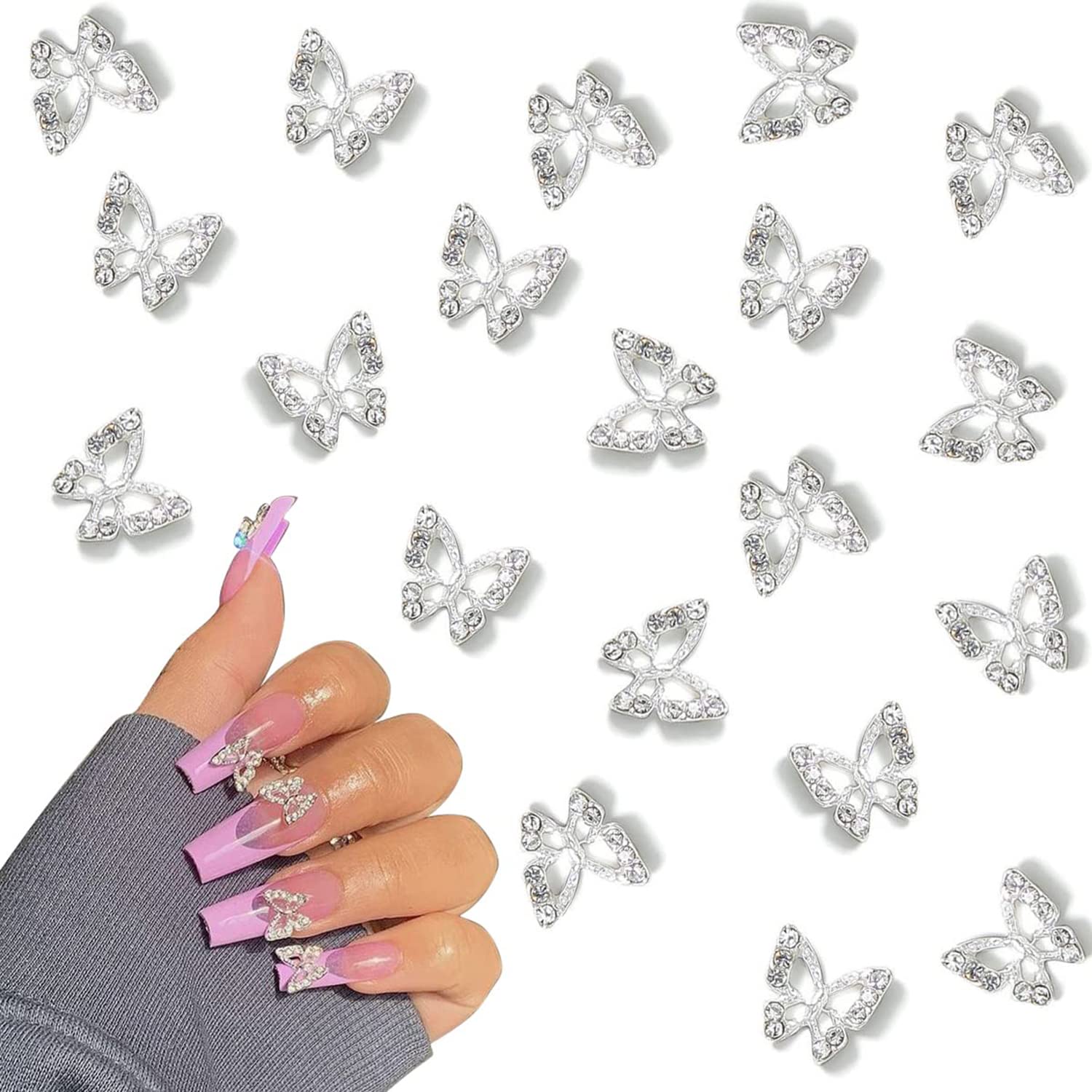 3D Alloy Butterfly Nail Charms 20pcs Metal Butterfly Nail Gems Nail  Rhinestones Shiny Crystal Nail Art Charms Nail Decoration for Nails DIY  Manicure Jewelry Accessories Women Nail Supplies(Silver)
