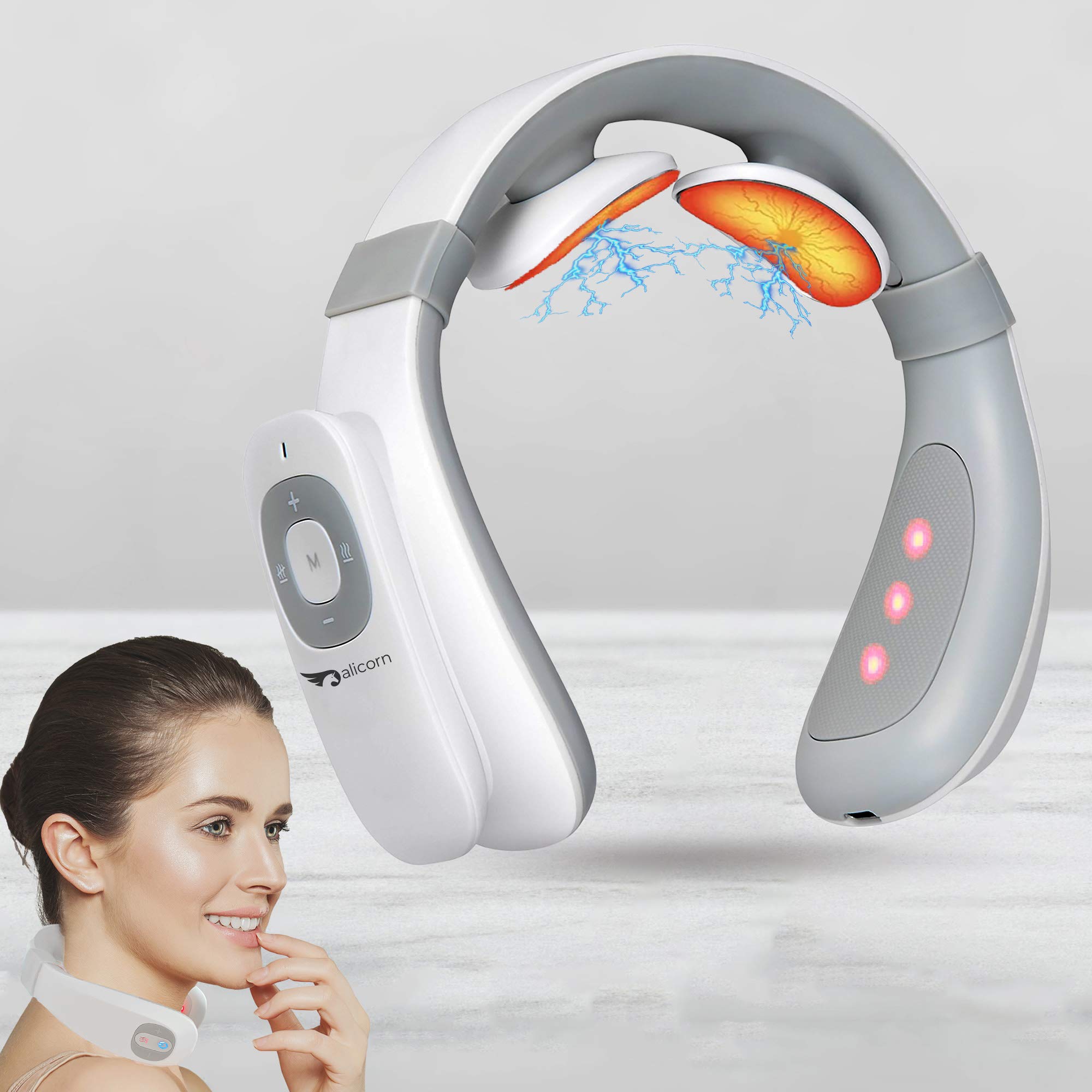 Alicorn Pulse TENS Unit Neck Relax Relaxer Muscle Stimulation with Heat  Intelligent Smart Massager (White) Portable