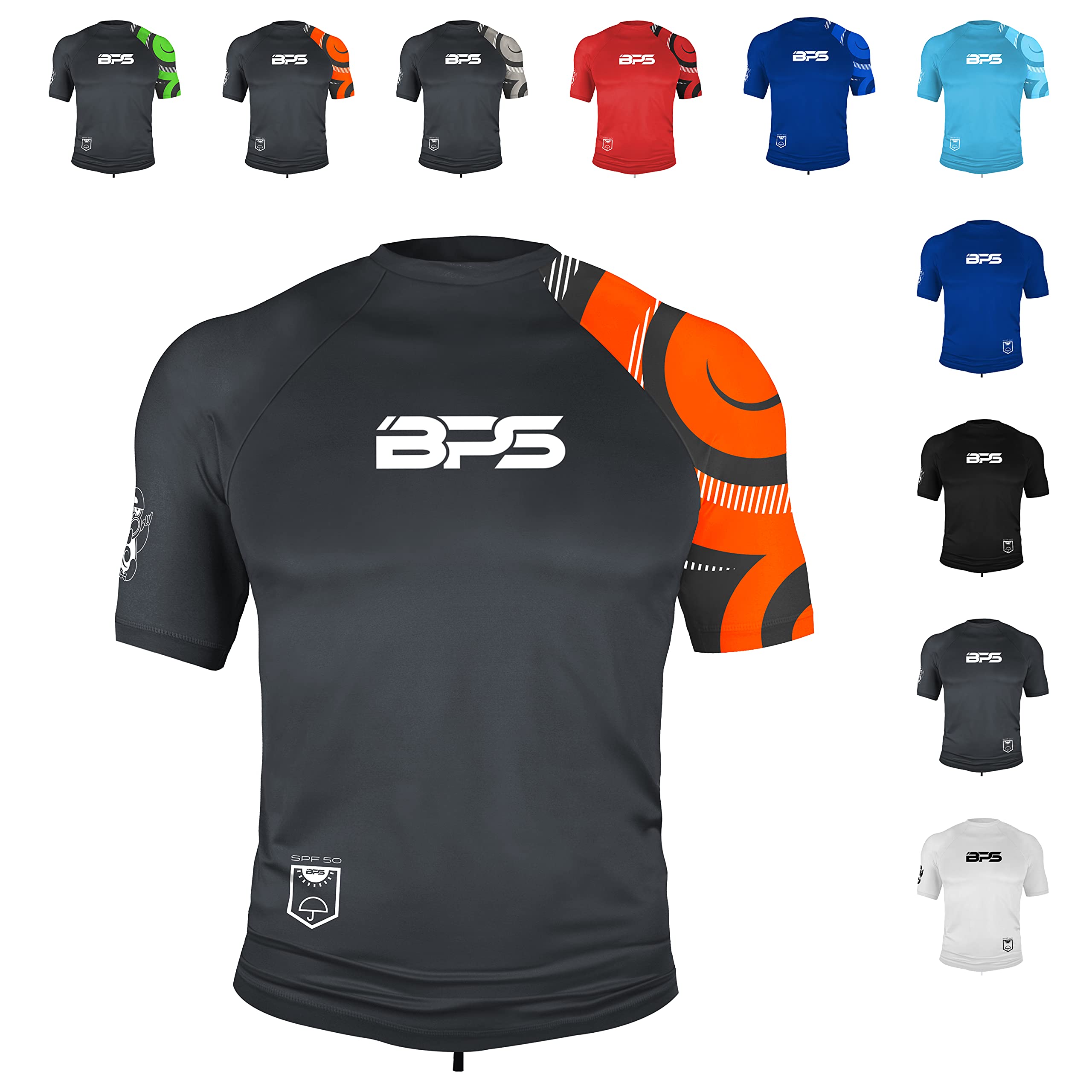 BPS Men's UPF 50+ Short Sleeve Swim Shirt/Rash Guard with Sun Protection 05  - Short Sleeve Patterned Charcoal Orange X-Large