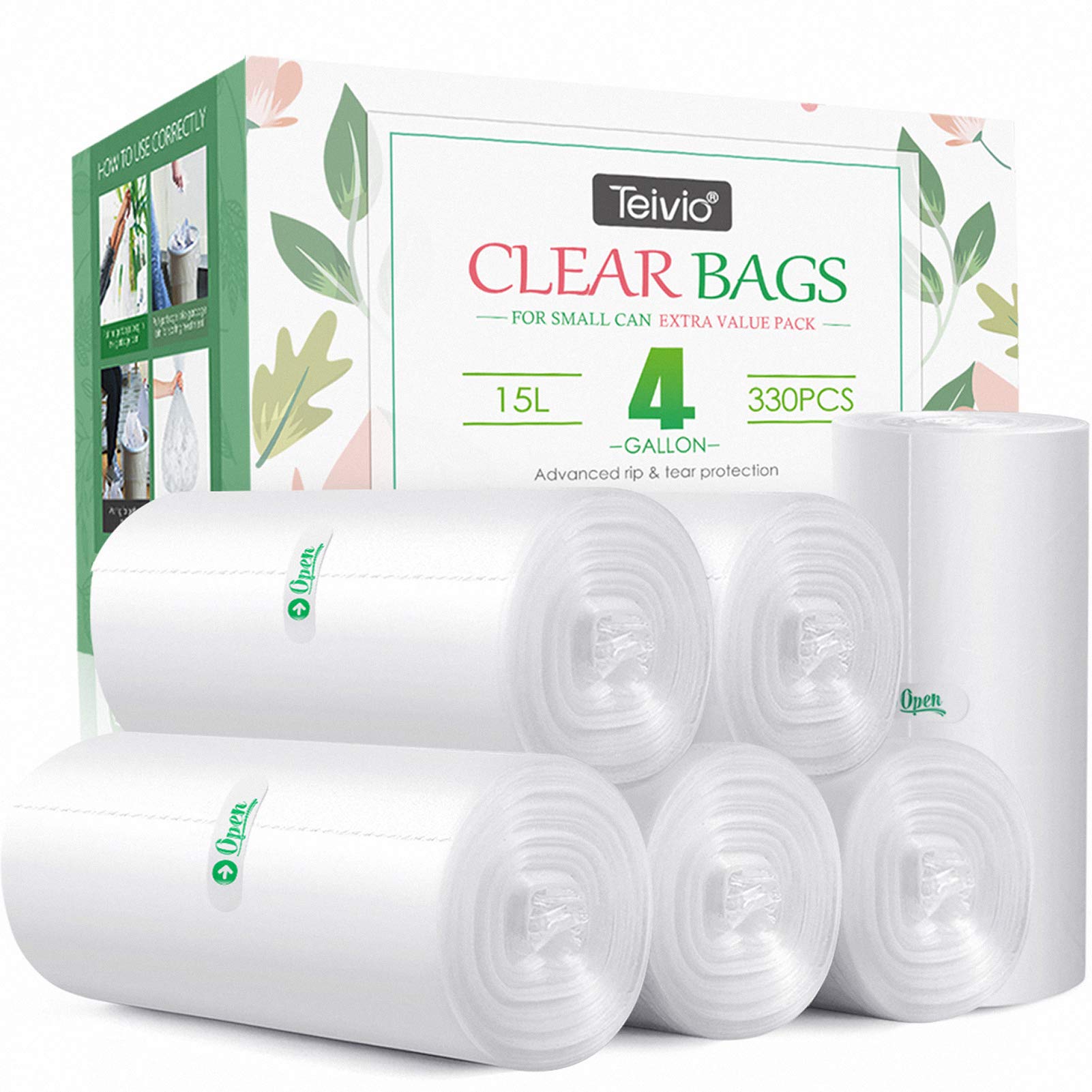 4 Gallon 330Pcs Strong Trash Bags Colorful Clear Garbage Bags