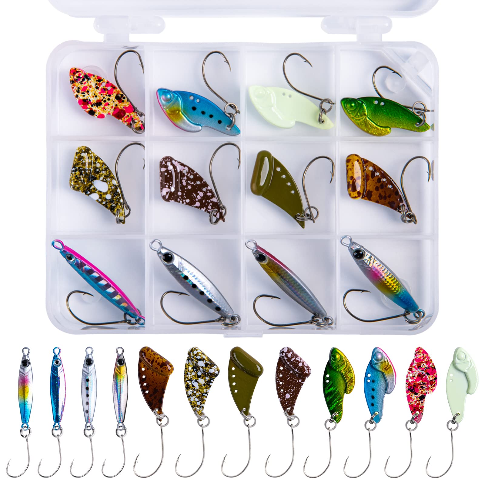 Goture Fishing Lures Fishing Spoons,Hard Lures Saltwater Spoon Lures  Casting Spoon/Ice Fishing Jigs for Trout Bass Pike Walleye Crappie Bluegill  1/10oz 1/8oz 1/7oz 1/6oz 1/5oz E-3 Patterns-12pcs 12pcs fishing spoons with  tackle