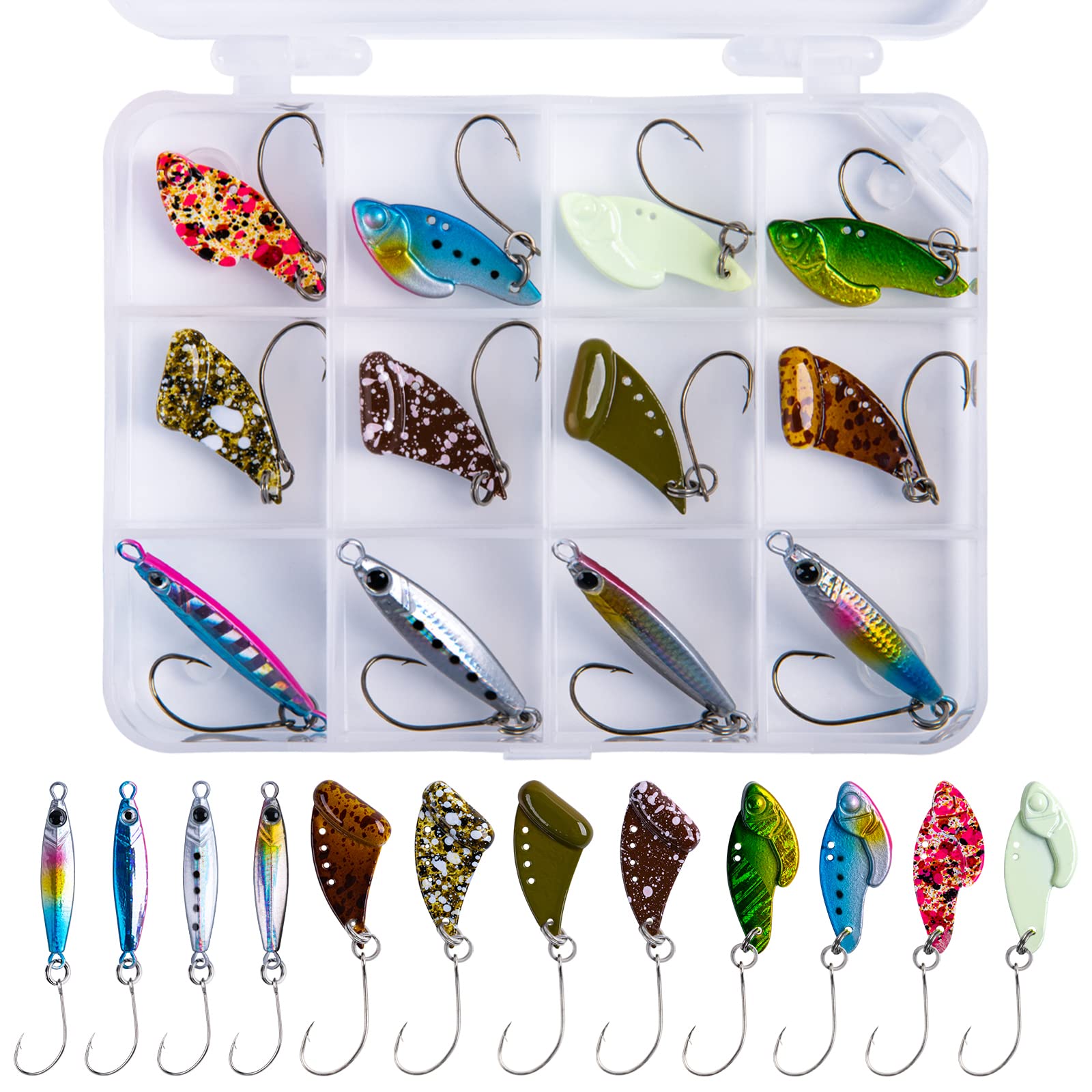 Goture Fishing Lures Fishing Spoons,Hard Lures Saltwater Spoon Lures Casting  Spoon/Ice Fishing Jigs for Trout Bass Pike Walleye Crappie Bluegill 1/10oz  1/8oz 1/7oz 1/6oz 1/5oz E-3 Patterns-12pcs 12pcs fishing spoons with tackle