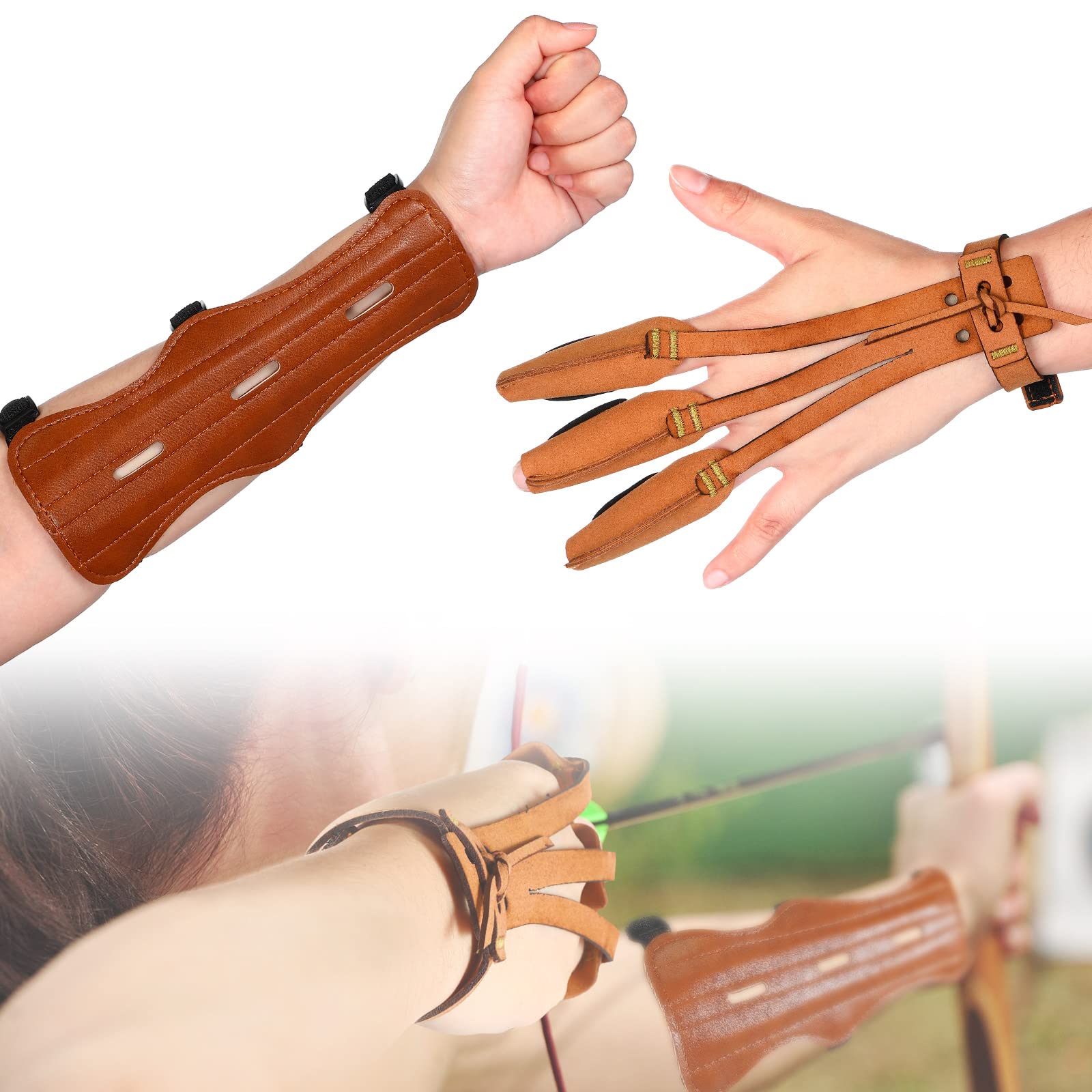Archery Arm Guards & Finger Savers - PU Leather Protection Set