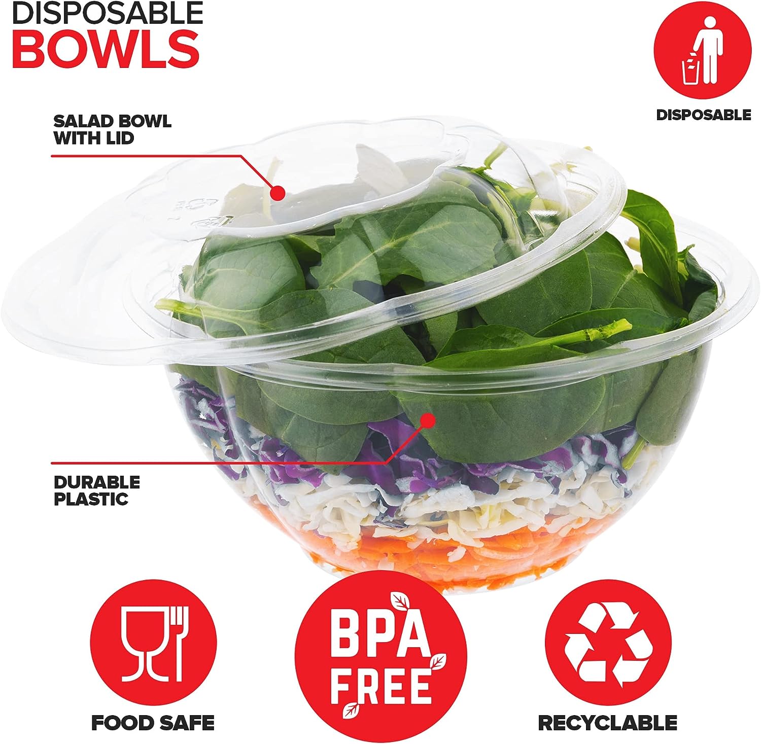 Stock Your Home 32oz Clear Plastic Salad Bowls with Lids (50 Pack) - Thumbnail 3