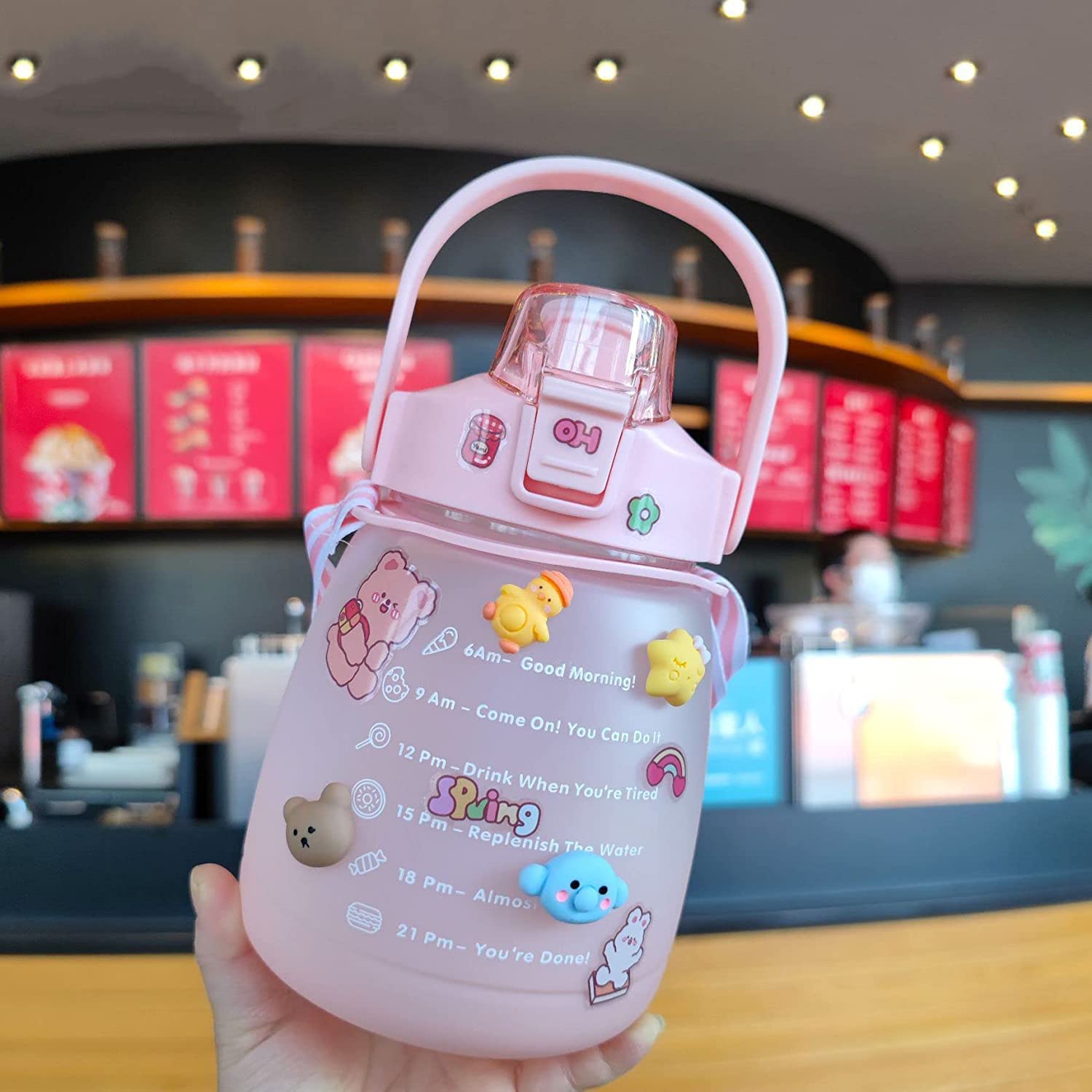 AXLOFO Glitz Big Belly Bottle Kawaii Water Bottles with Straw and Strap Water  Jug with Time Marker Cute Water Cups for School Outdoor Camping Student  Children (Pink 1300ml)