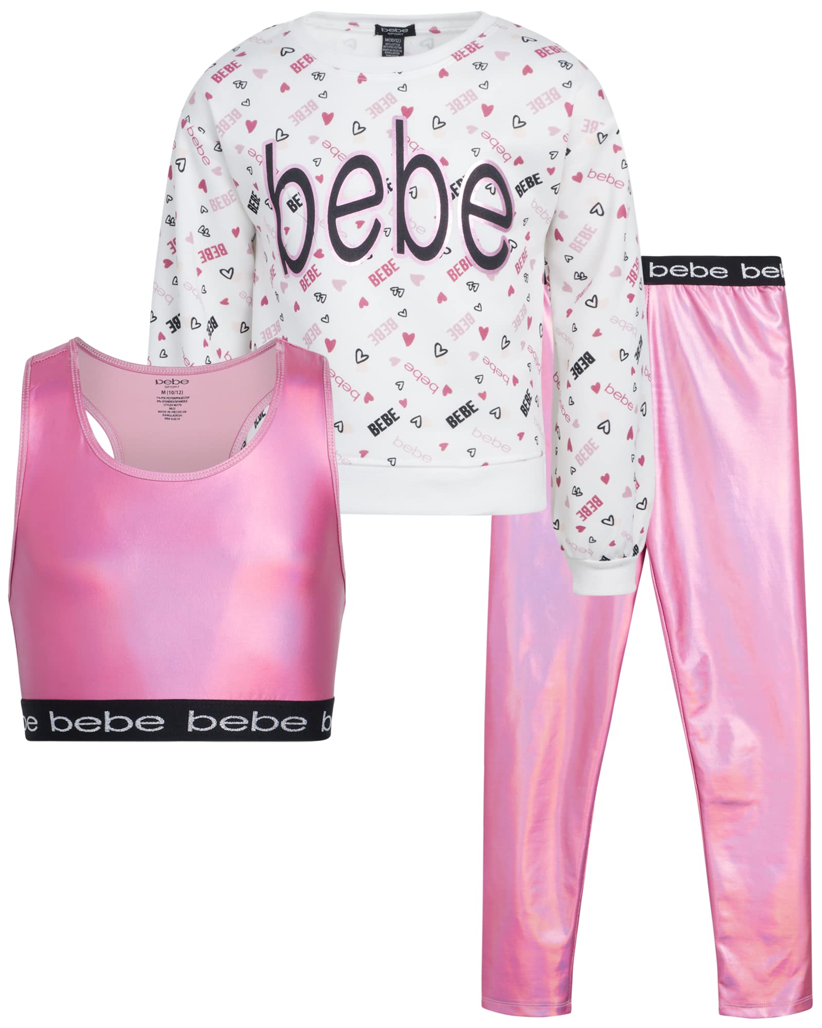 bebe Girls' Workout Set - 3 Piece Performance Fleece Sweatshirt