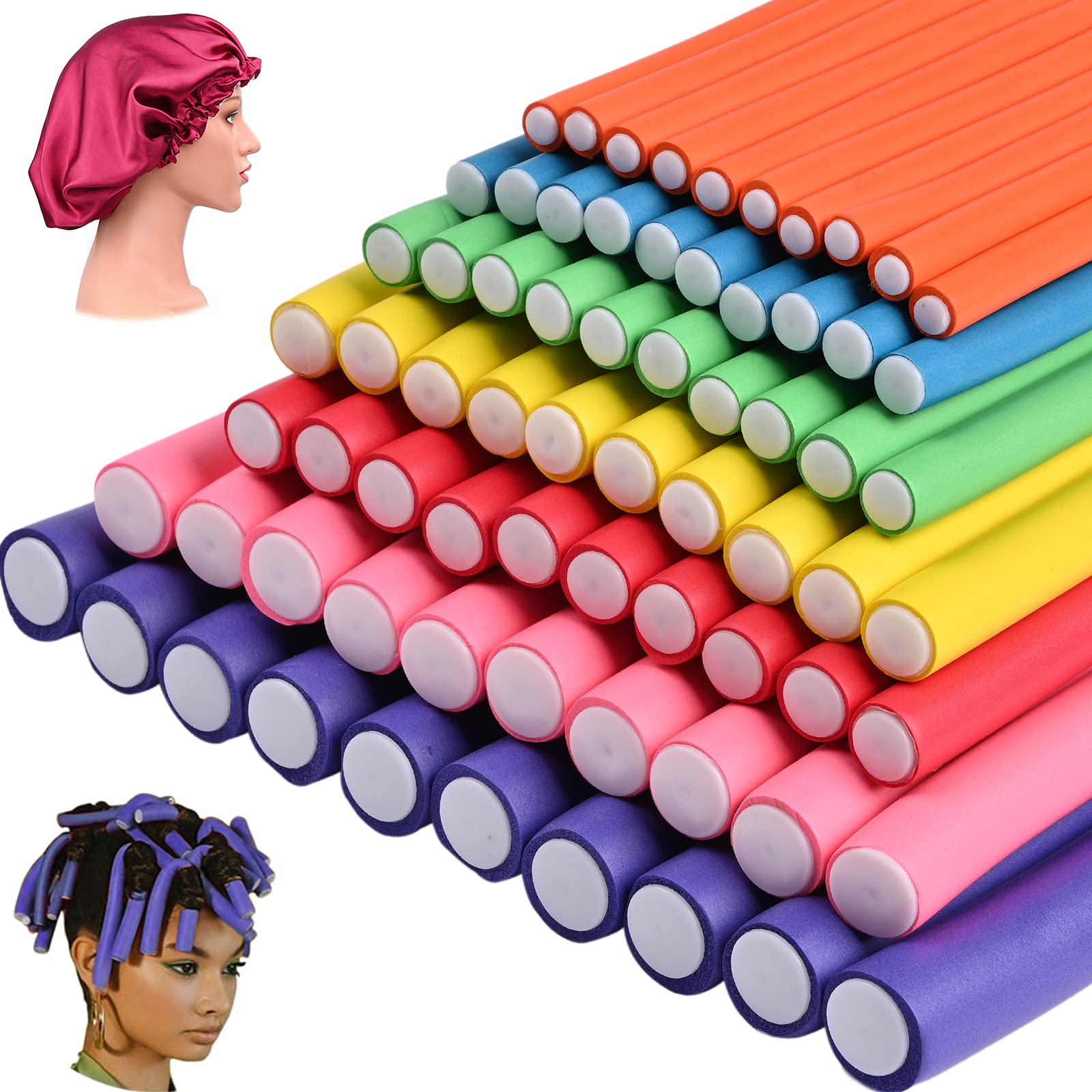 70 Pack  Inch Flex-rods Hair Rollers+Silk Sleep Bonnet Cap, Twist-flex  Foam Hair Roller Curling Rods-Hair Curlers Rollers for Short, Medium, Long  thick Hair(7 Size Random Color) Colorful