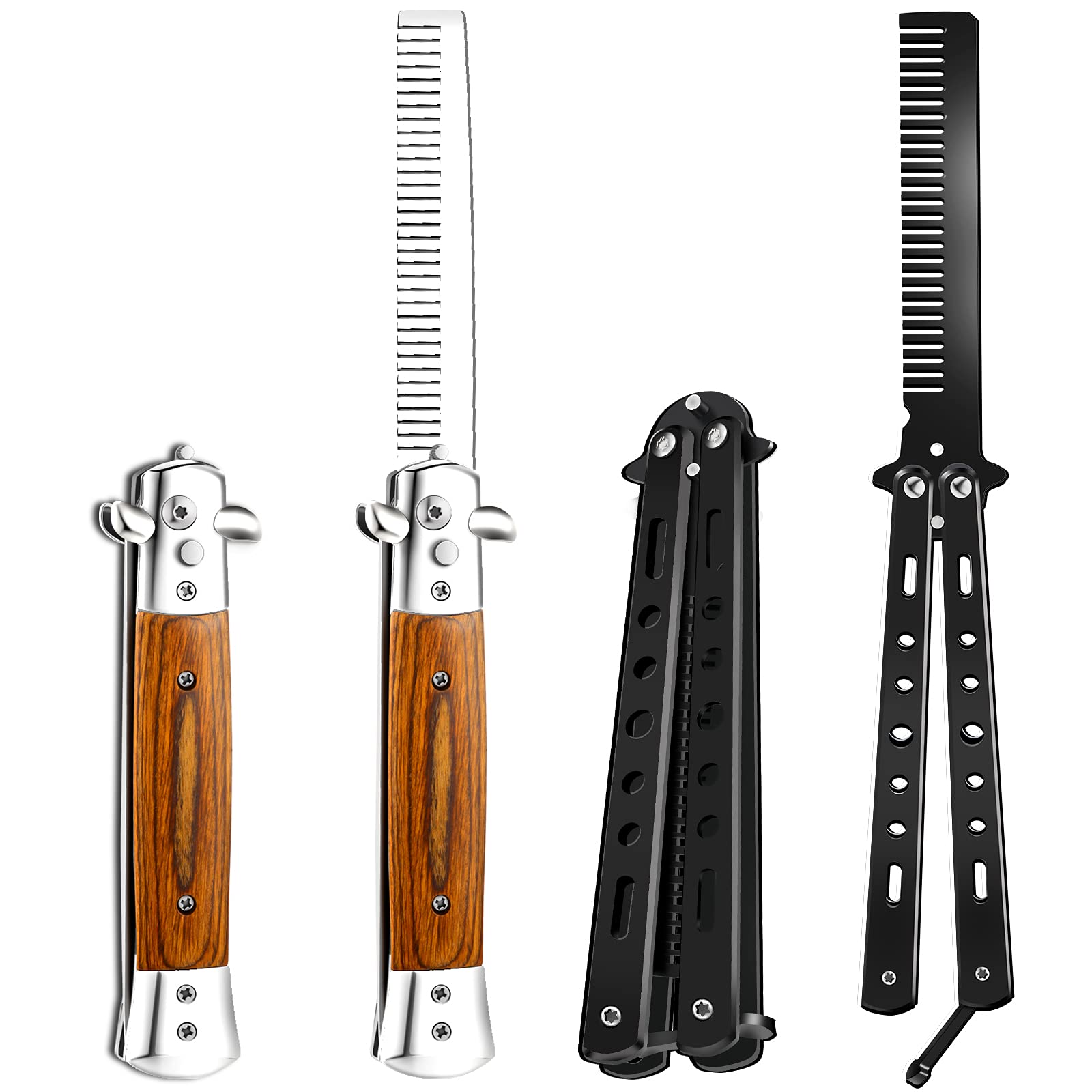 2 Pieces Wood Grain Switchblade Blade Comb Pocket Knife Hair Brush