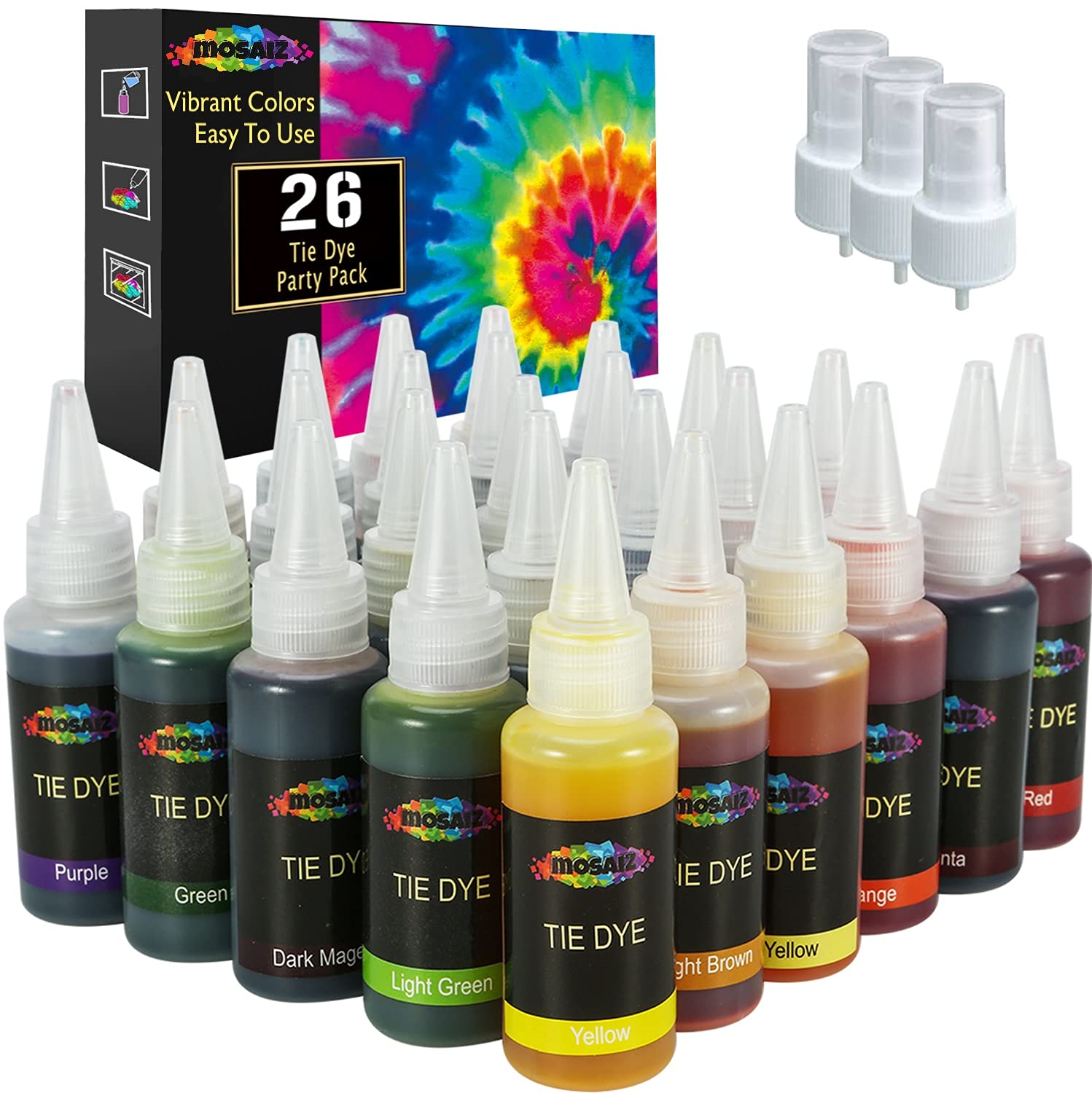 Mosaiz Tie Dye Kit of 26 Colors, Spray Tie Dye for Creative Activities and  DIY for Kids and Adults, Fabric Dyeing Set, Fun Summer Activity Outdoor 26  Colors with Spray Nozzles