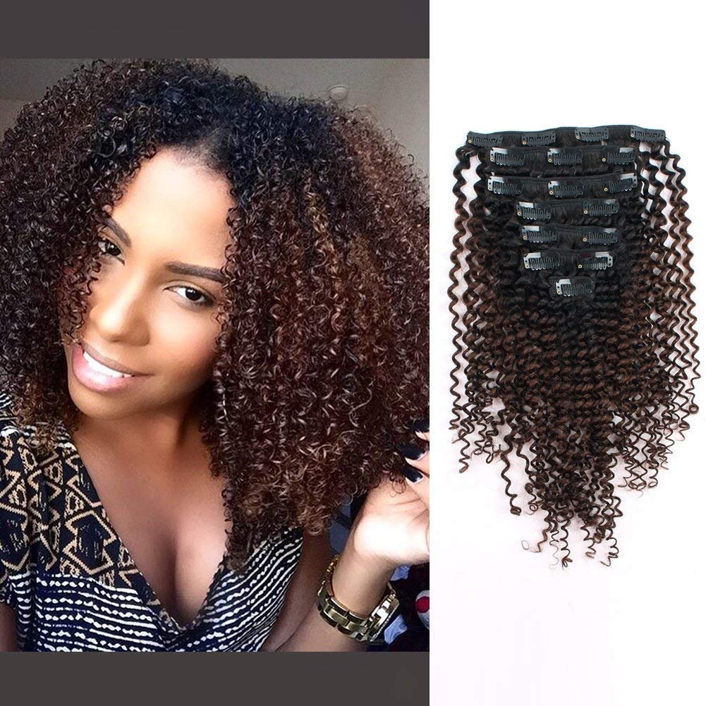 ABH AMAZINGBEAUTY HAIR Ombre Kinky Curly Clip in Hair Extensions for Black  Women, 3C 4A Remy