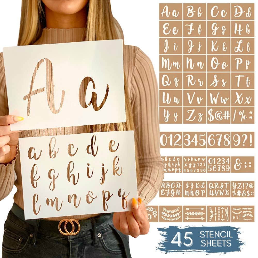 Boutique Calligraphy Stencil Template Kit - 45 Reusable Pieces - Includes  Lettering Upper and Lowercase both Large and