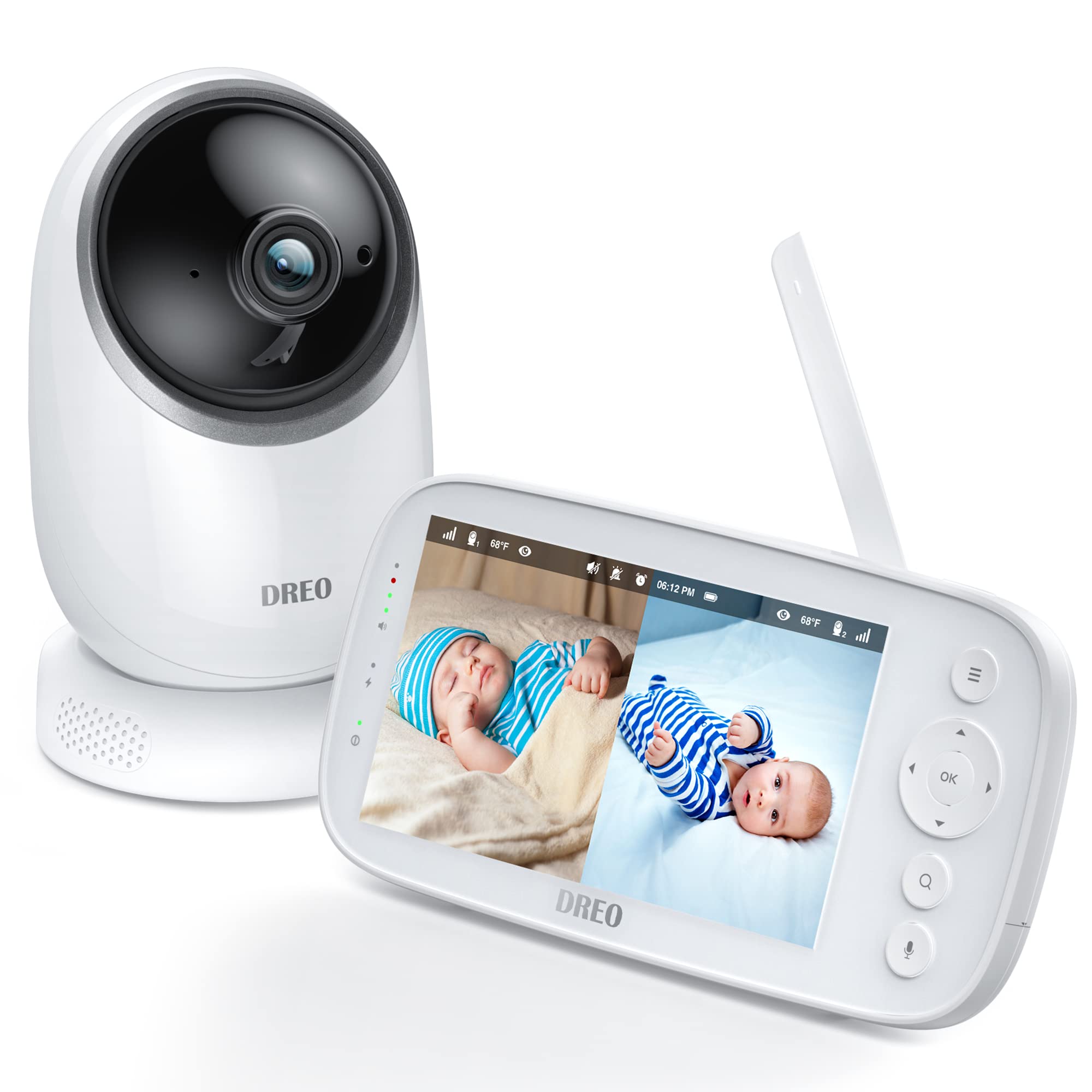 Dreo Video Baby Monitor 5 inch LCD Screen 720P HD Video & Audio 5000mAh  Rechargeable Battery 2-Way Talkback Night Vision Remote Pan Tilt & Zoom  Temperature Monitoring VOX Mode Split Screen 2