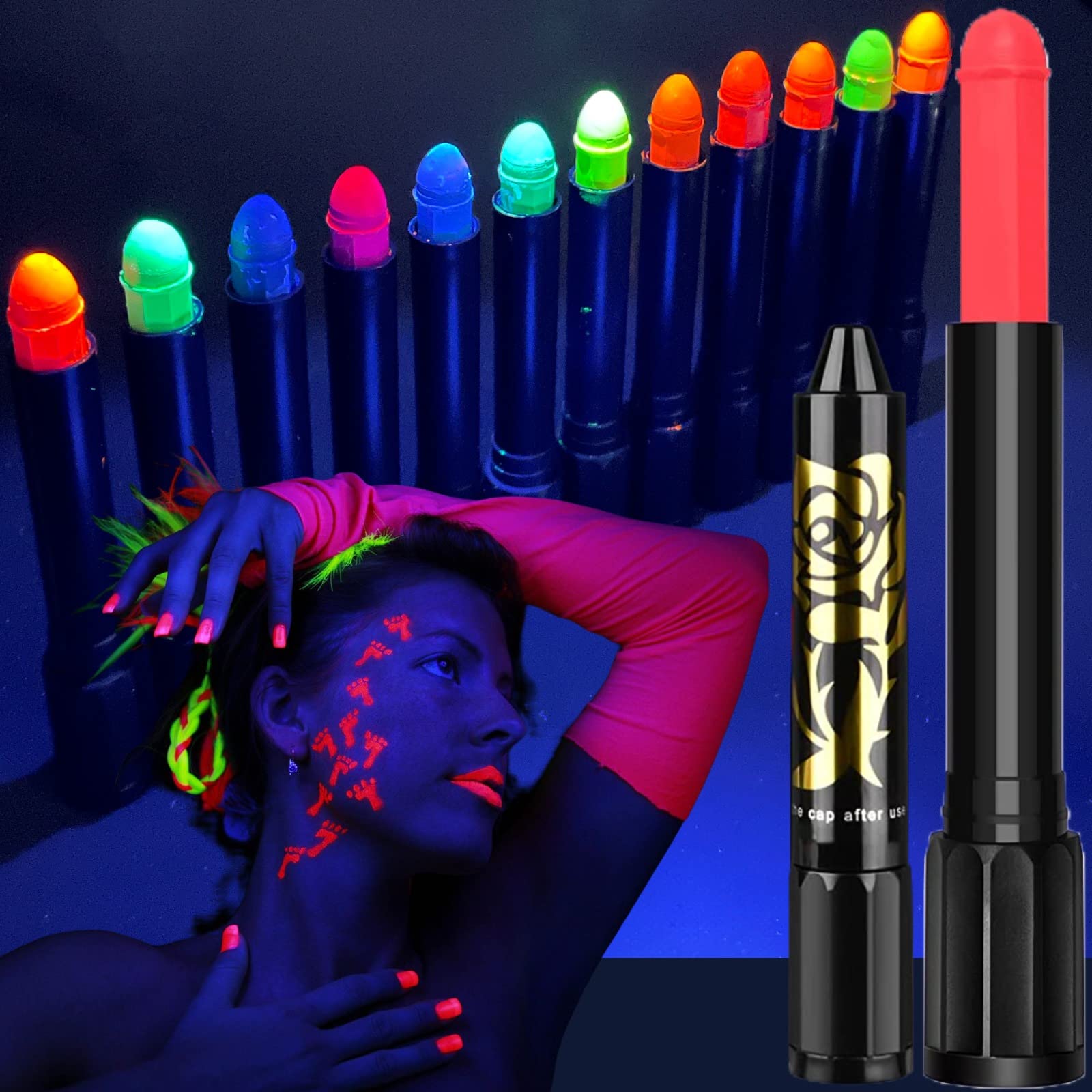 Glow in The Black Light UV Face Paint Crayon, Black Light Neon Face & Body  Paint Non Toxic Fluorescent Mardi Gras Halloween Makeup Marker for Kids