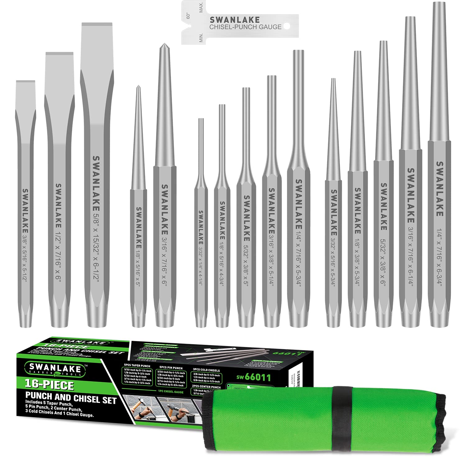 SWANLAKE Punch and Chisel Set, Including Taper Punch, Cold Chisels, Pin  Punch, Center Punch (16pcs)