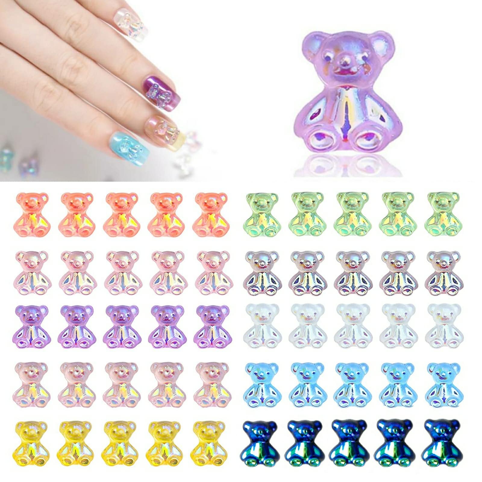 3D Bear Nail Charms 50PCS 10 Color Resin Crystal Glitter Bear Nails Art  Accessory for Women Girl DIY Acrylic Nail Design Supplies 50pcs Bears