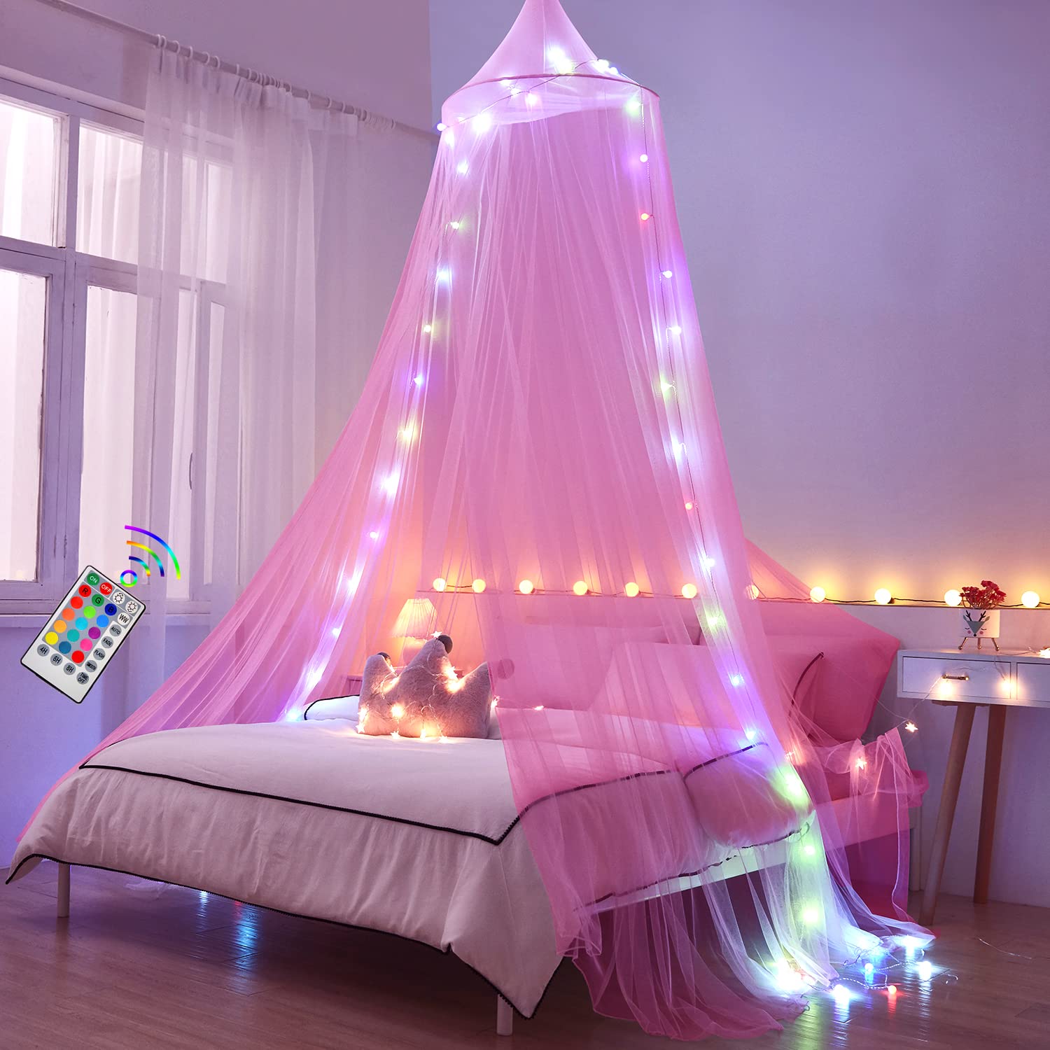 Akiky Bed Canopy for Girls with Lights,Canopy for Girls Room Twin Full  Queen King Size