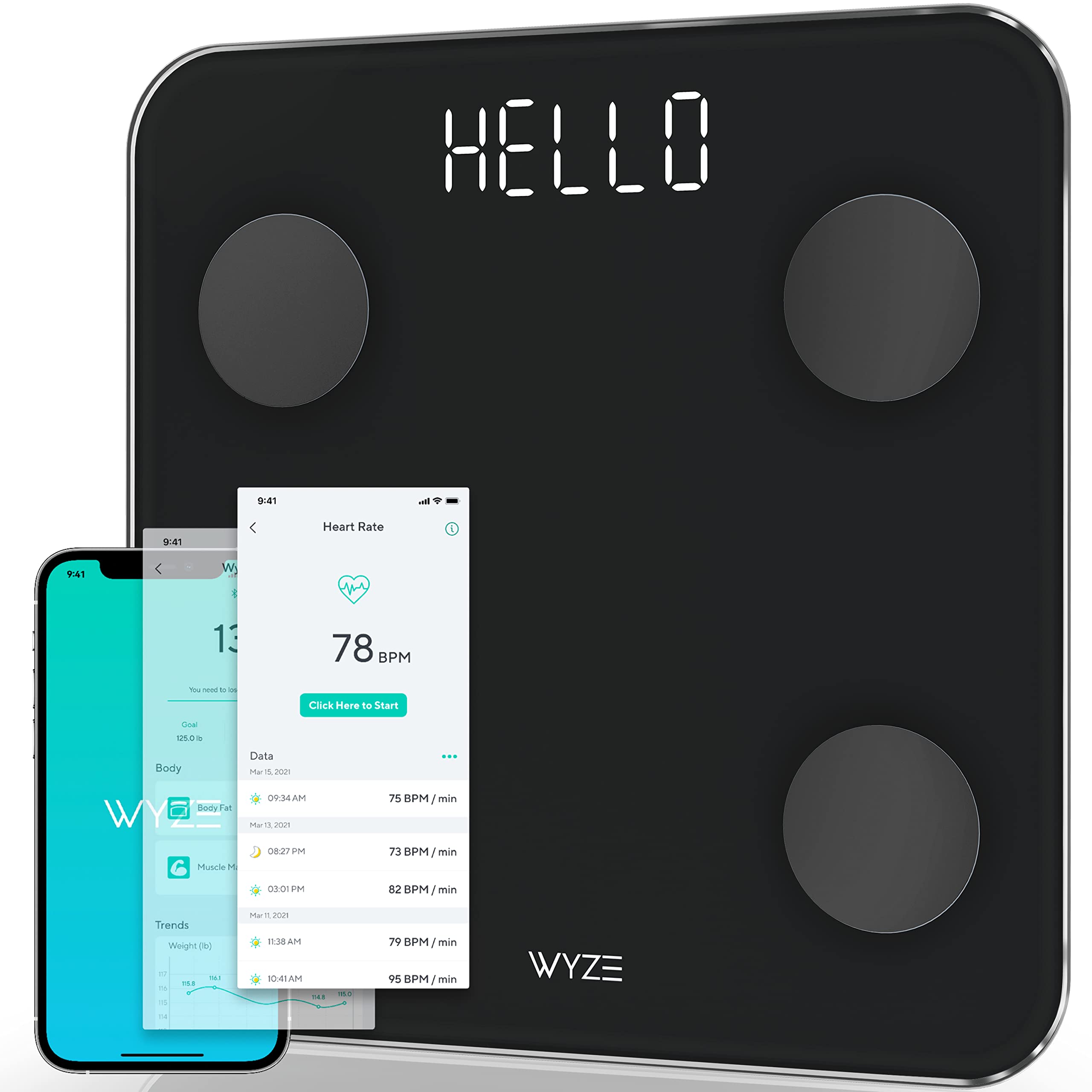 Wyze Smart Scale, Body Fat Digital WiFi Scale and Body Weight Composition  BMI Smart Scale, Heart Rate Monitor Tracker, Wireless Body Fat Percentage