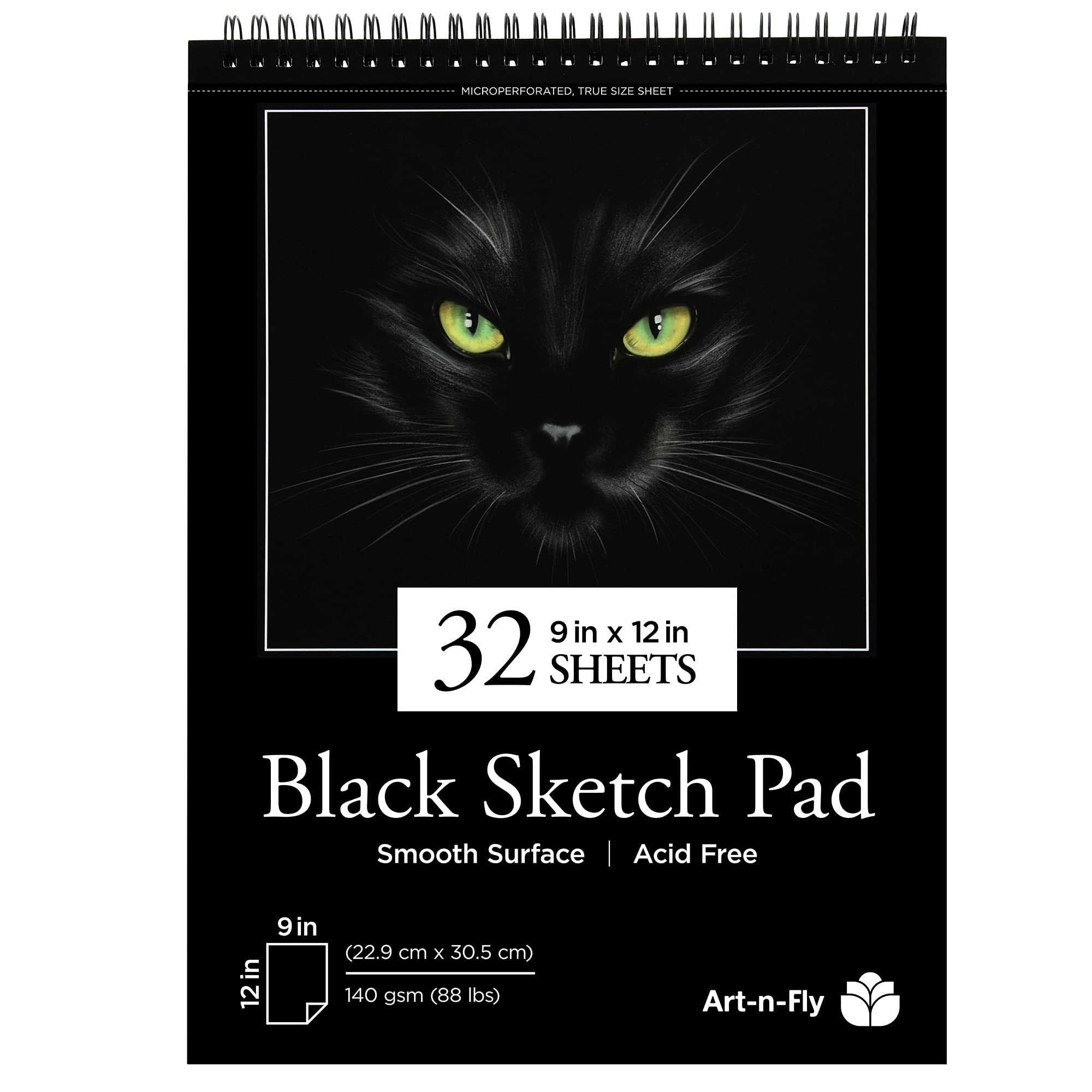 Art-N-Fly 32 Sheets Black Sketch Pad 9x12 - Black Sketchbook Drawing Paper,  Perforated Edge on Spiral Bound 88 LB - Art Black Sketch Book for Colored  Pencils, Graphite, Charcoal, Pastels & Gel
