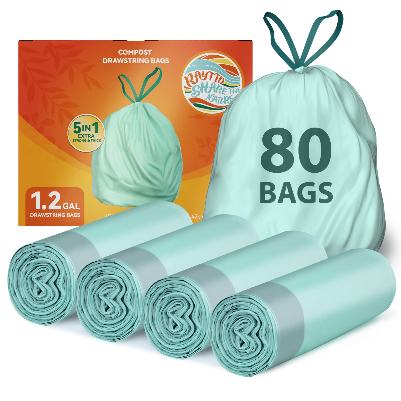 RAYTID Compostable Trash Bags Drawstring, 1.2 Gallon, Extra Thick 0.87 Mil,  Cuntertop Compost bin Kitchen Food