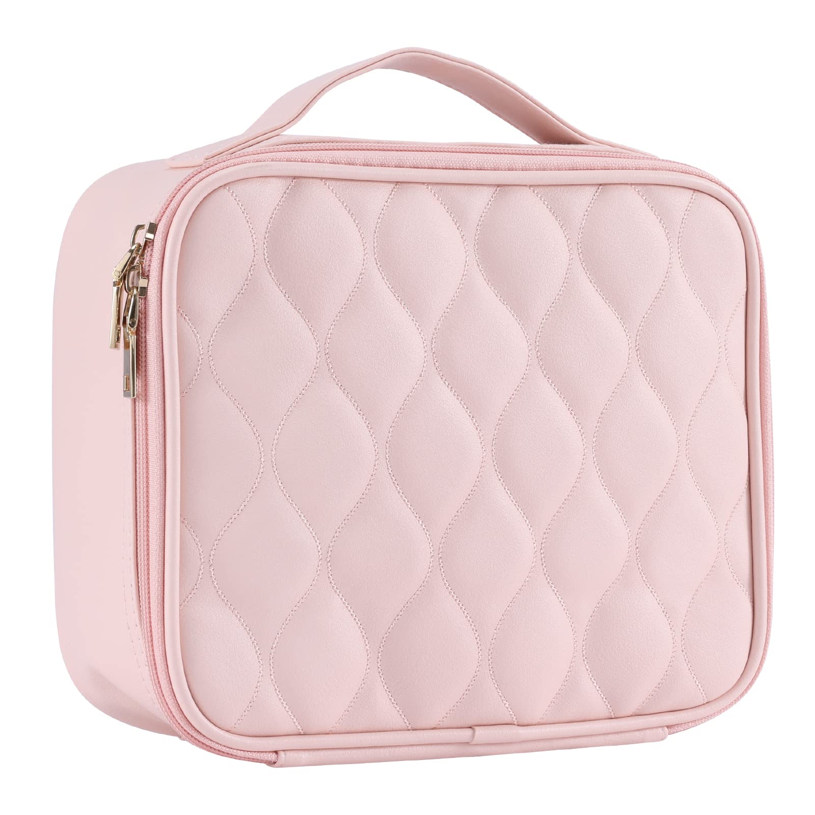 Large Portable Makeup Bag with Toiletries Brushes Slots and Divider-Pink