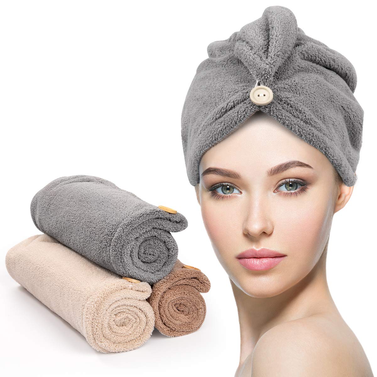 Microfiber Hair Towel 3 Pack, YFONG Hair Towel with Button, Super Absorbent  Hair Towel Wrap for Curly Hair, Fast Drying Hair Wraps for Women, Anti  Frizz Microfiber Towel Gray & Camel &