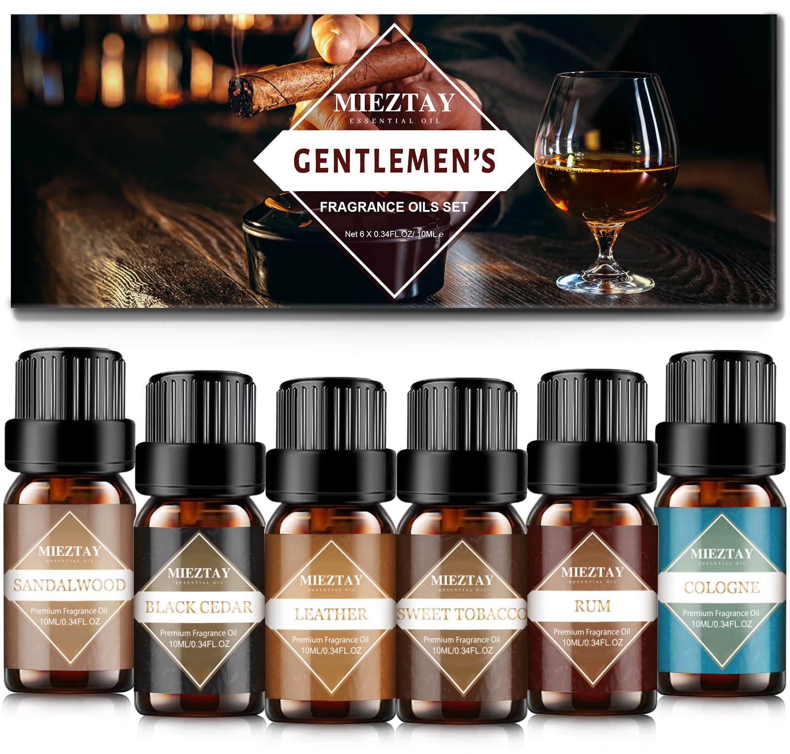 Mens Essential Oils Set - TOP 6 Gentlemen's Fragrance Oil for Diffuser,  Candle & Soap Making - Sandalwood, Cologne, Black Cedar, Leather, Sweet  Tobacco, Bay Rum Essential Oil Kit for Men (10mL)