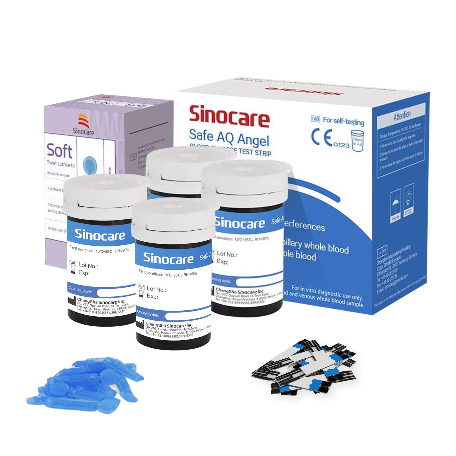 Sinocare Diabete Blood Glucose Test Strips x 100 & Lancets x 100 Bundle for Safe AQ Angel