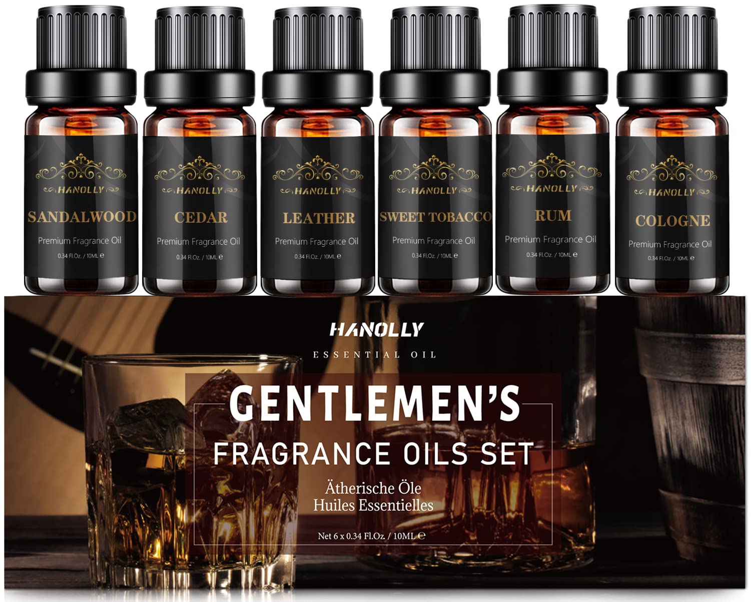 Gentlemen's Set of 6 Premium Grade Fragrance Essential Oil Gift Set Sweet  Tobacco, Sandalwood, Mahogany, Teakwood, Cedar, Bay Rum 10ml 