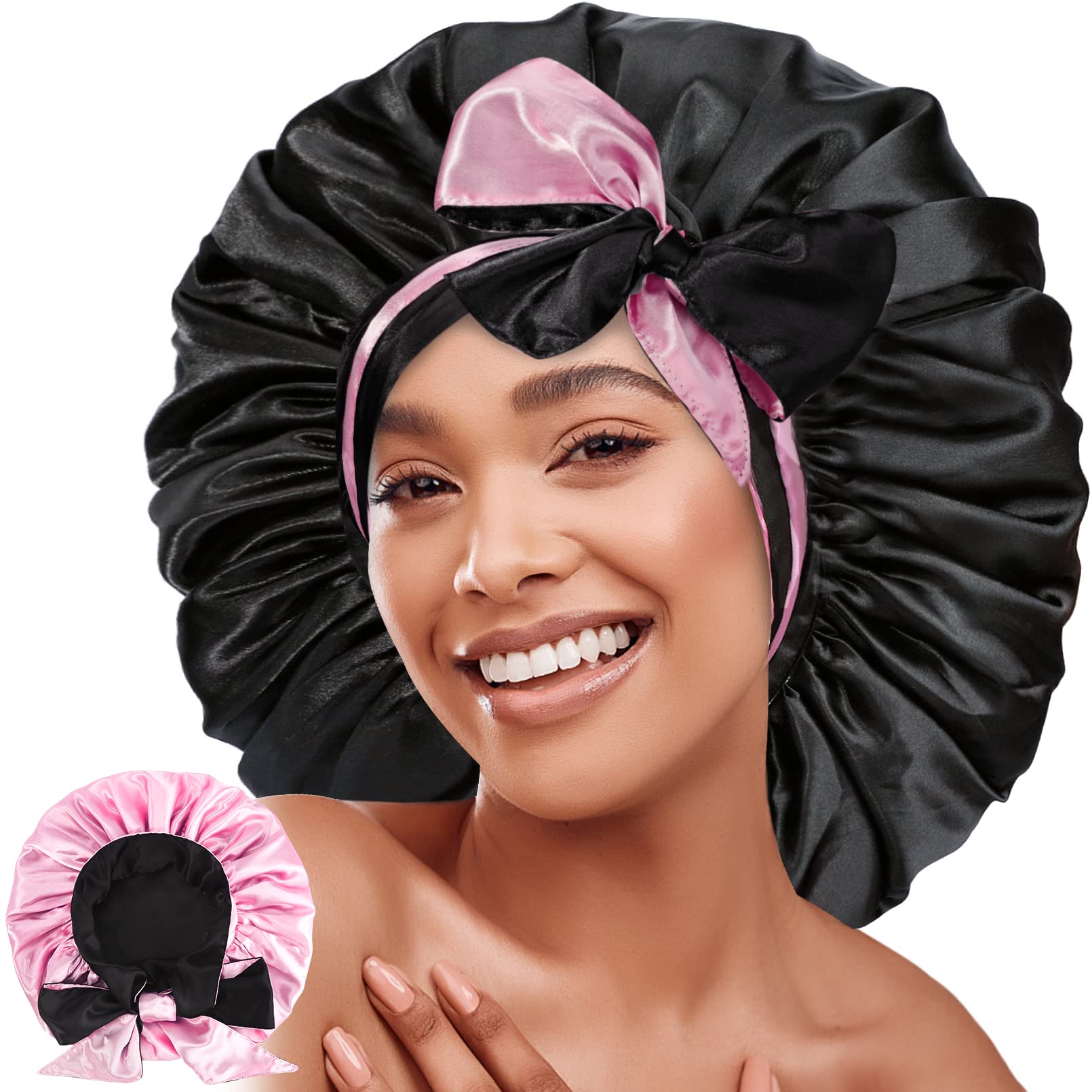 Bonnet en satin rose Reversible et réglable - AFRO KURLY AFRO