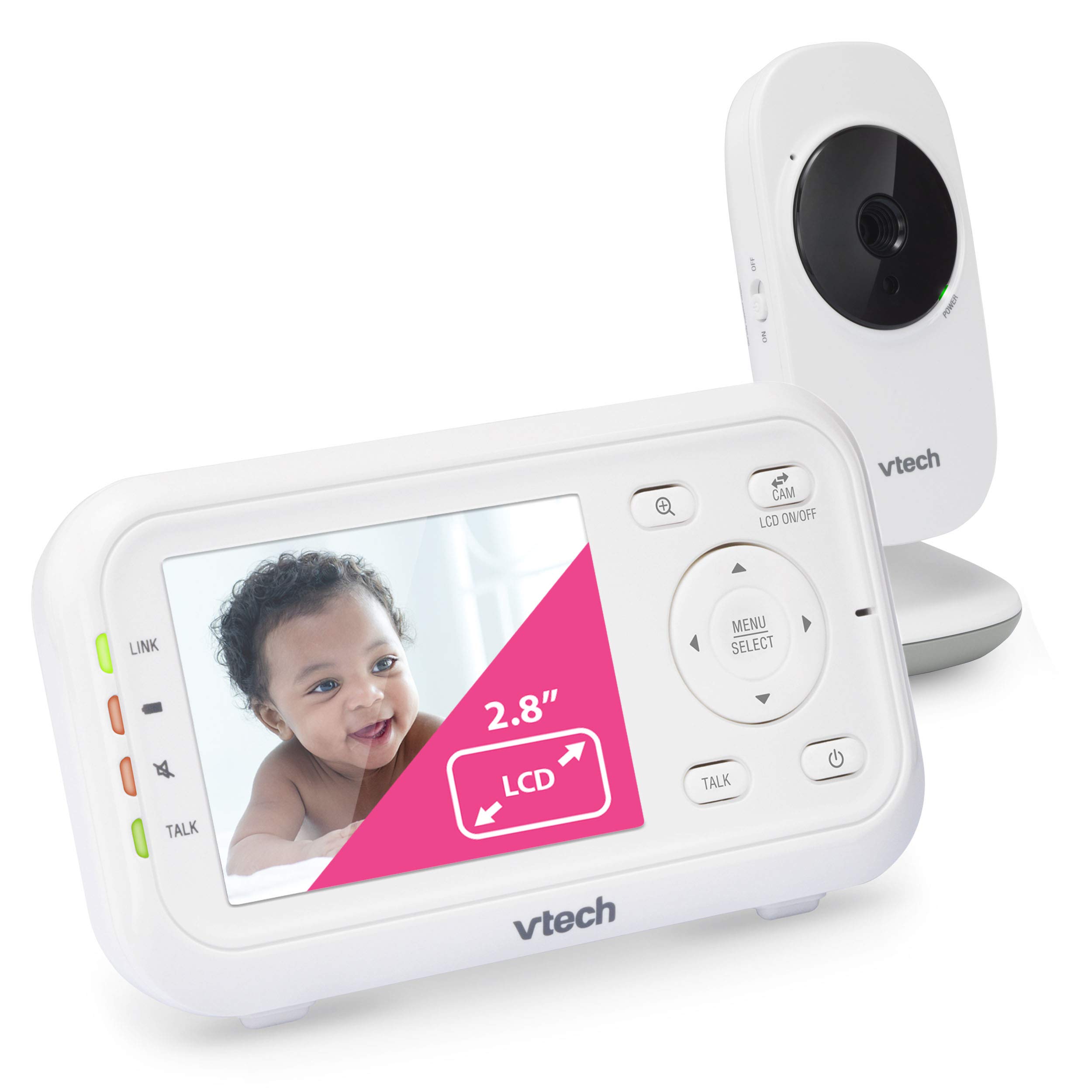 VTech Video Baby Monitor with 1000ft Long Range, Auto Night Vision, 2.8  Screen, 2-Way Audio Talk, Temperature Sensor, Power Saving Mode, Lullabies  and Wall-mountable Camera with bracket, White 2.8 screen