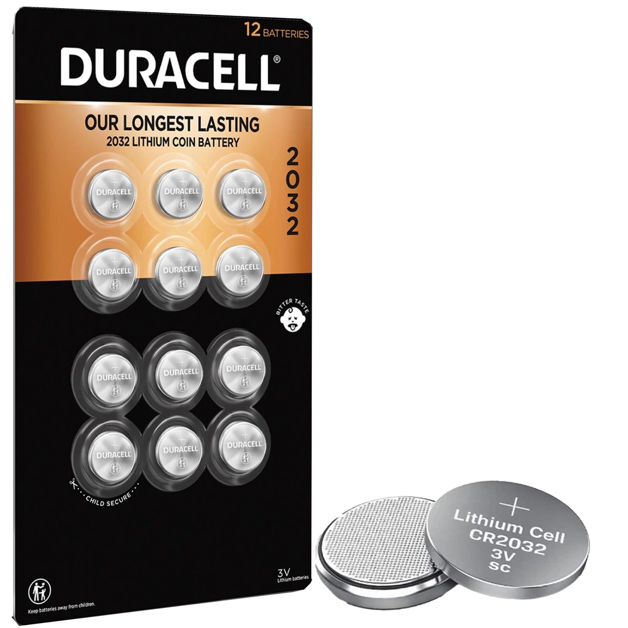 Duracell CR2032 3V Lithium Battery, Child Safety Features, 12 Count Pack,  Lithium Coin Battery for Key