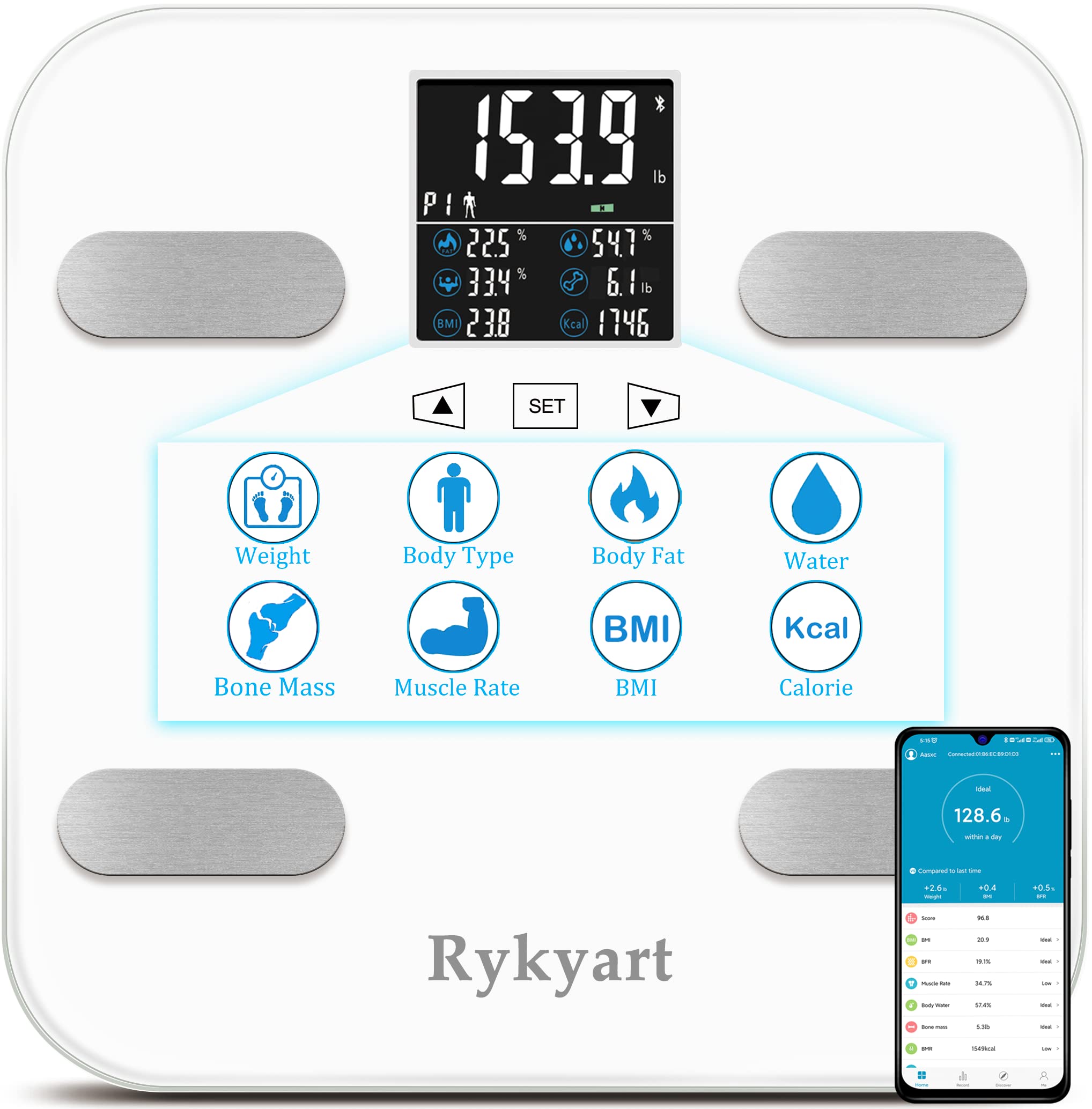 Scale for Body Weight and Fat, Rykyart Touch Screen & App Dual