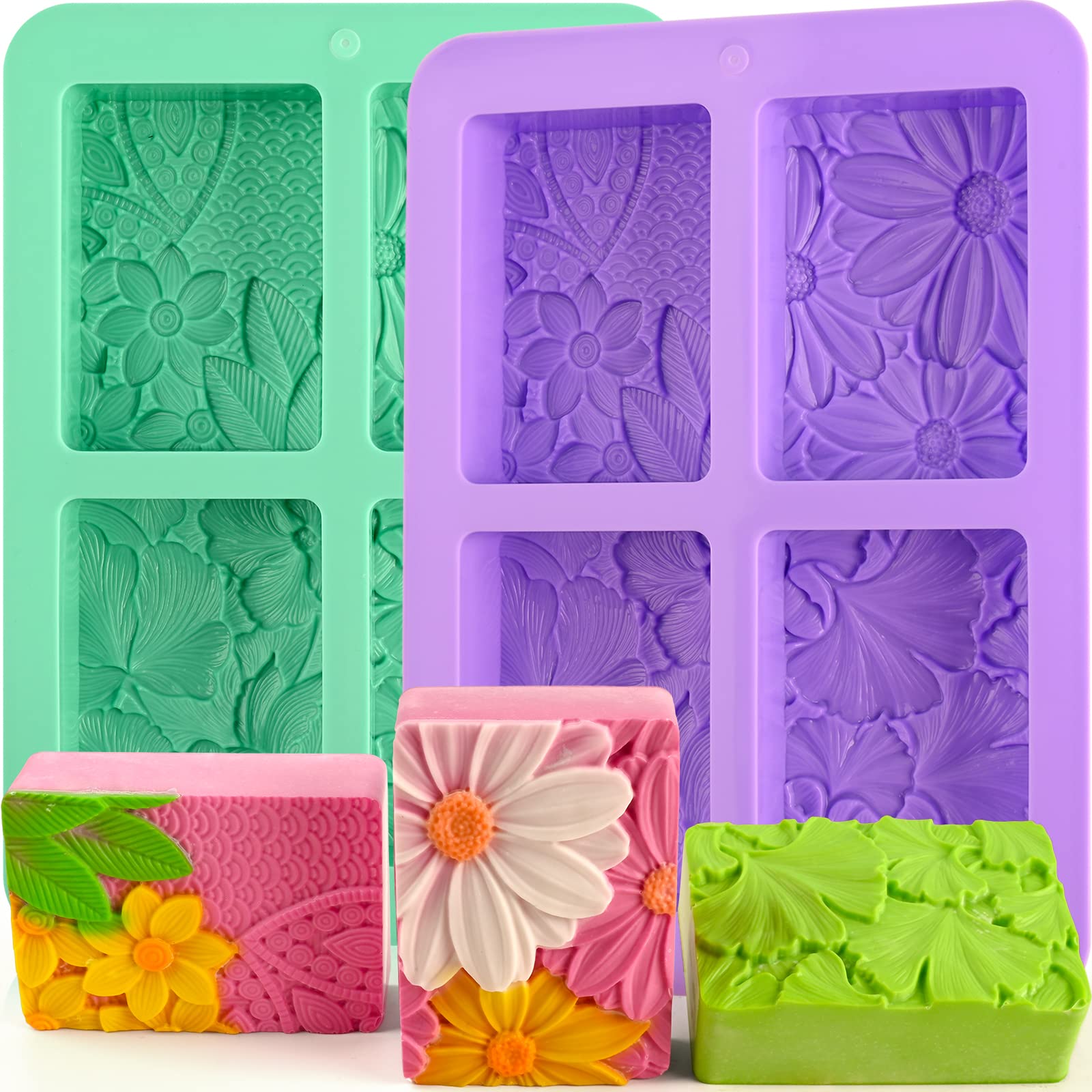HUAKENER Silicone Soap Molds 2 Pack 4-Cavity Rectangle Soap Mold Flower  Soap Making Molds Flowers