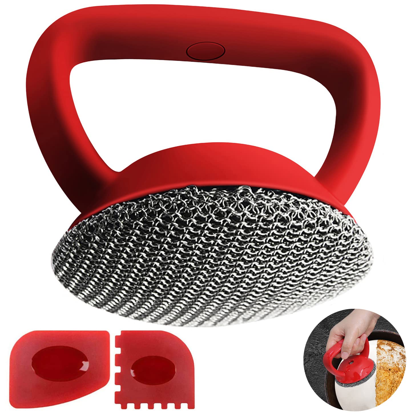 Cast Iron Scrubber Brush with Handle Cast Iron Cleaner Chainmail Scrubber +  Pan Scraper, 316 Chain Maille to Clean Pan Pot Skillet Grill Griddle Metal