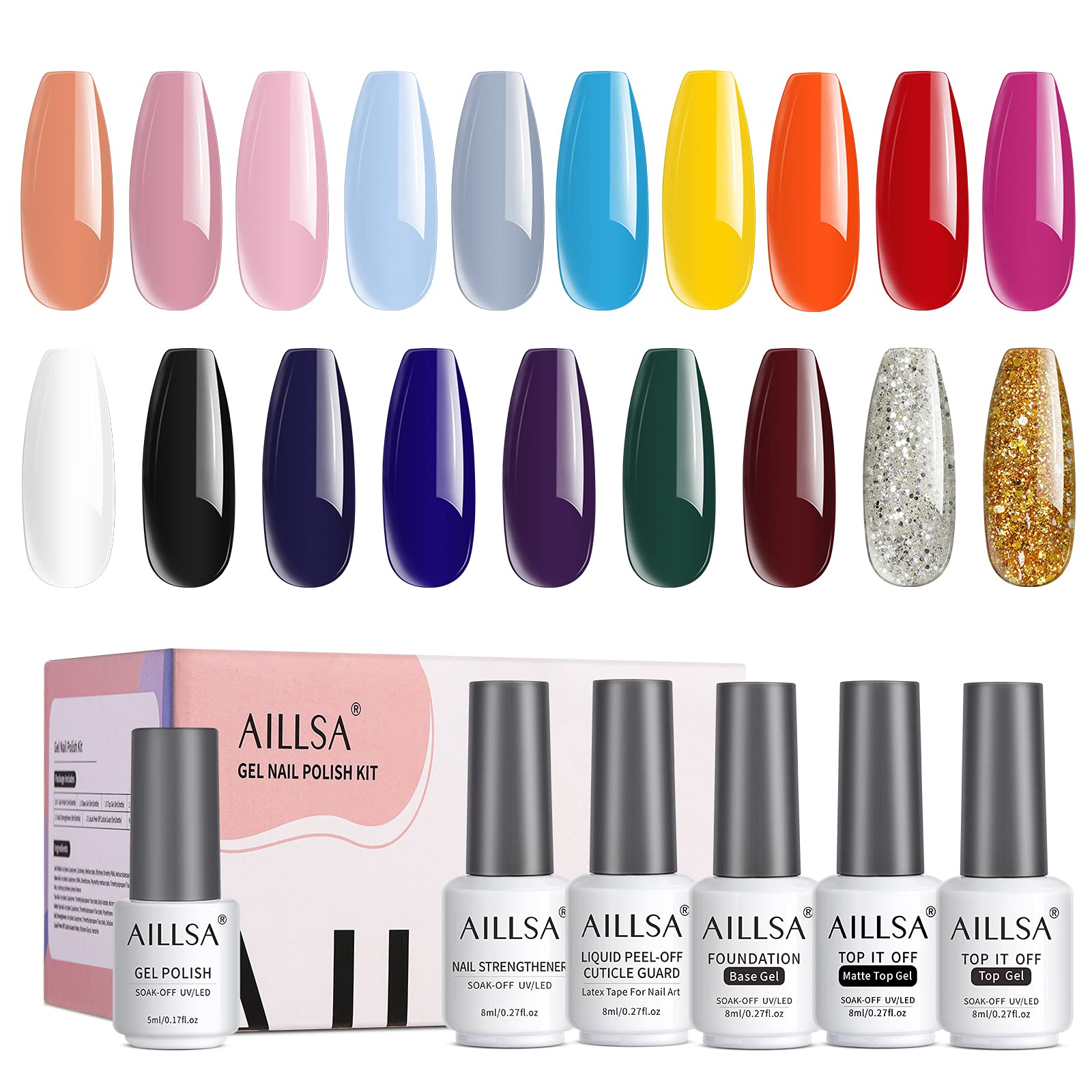 AILLSA Gel Nail Polish Set, 24 Pcs Candy Colors Spring Summer Gel Nail Polish Kit with Glossy/Matte Top and Base Coat, Rainbow Orange Pink Glitter Soak Off UV Gel Polish Set, for AILLSA Gel Nail Polish Set, 24 Pcs Candy Colors Spring Summer Gel Nail Polish Kit with Glossy/Matte Top and Base Coat, Rainbow Orange Pink Glitter Soak Off UV Gel Polish Set, for