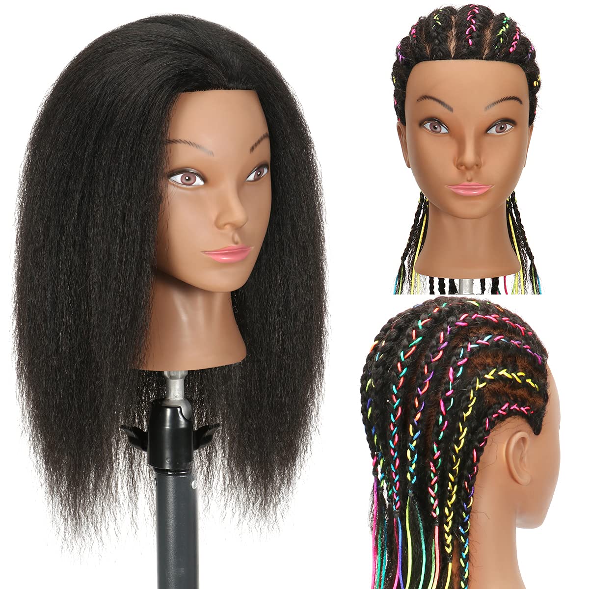 Mannequin Head 14”100% Real Hair Cosmetology Mannequin Manikin Training  Head Hair with Curly Hair
