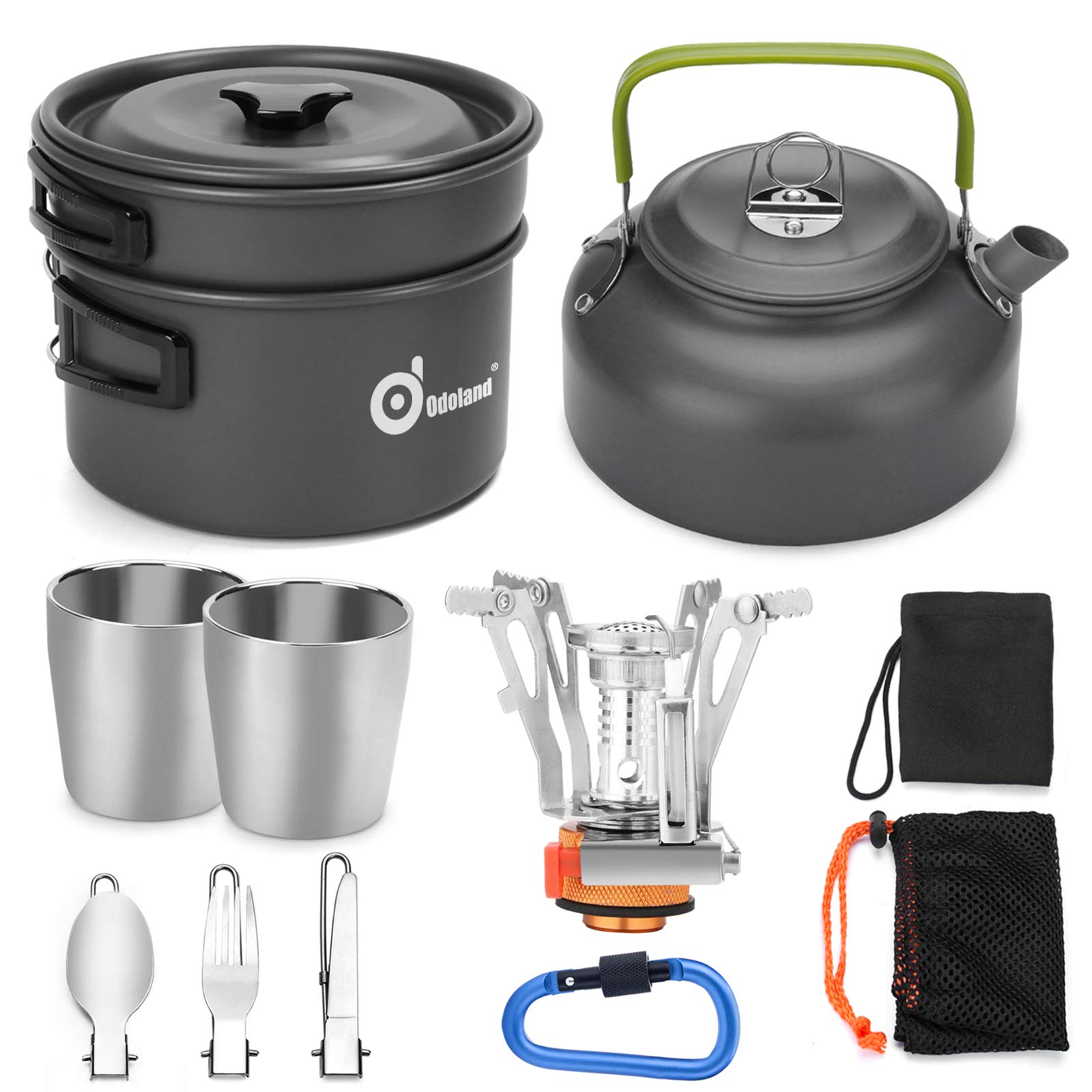 Odoland 12pcs Camping Cookware Mess Kit with Mini Stove Lightweight Pot Pan  Kettle with 2 Cups
